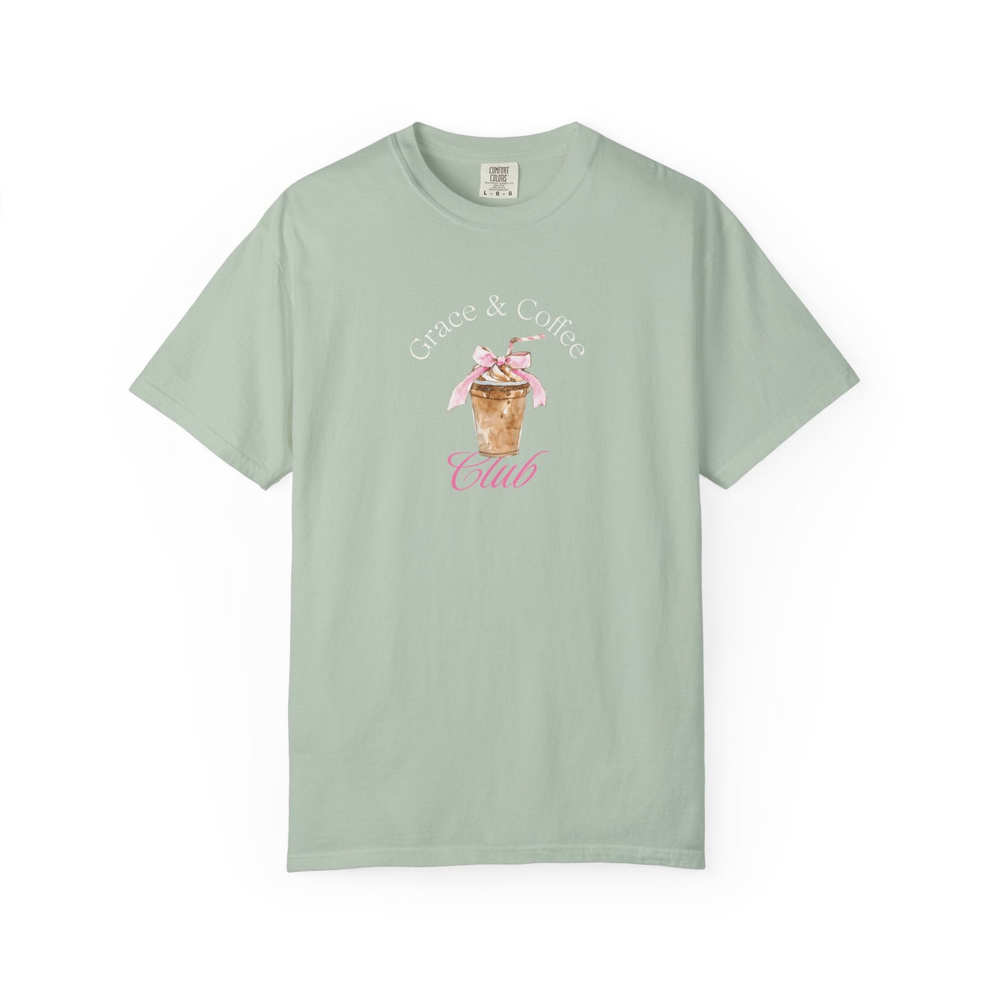 T-shirt with watercolor coffee cup design featuring pink bow and Grace & Coffee Club text