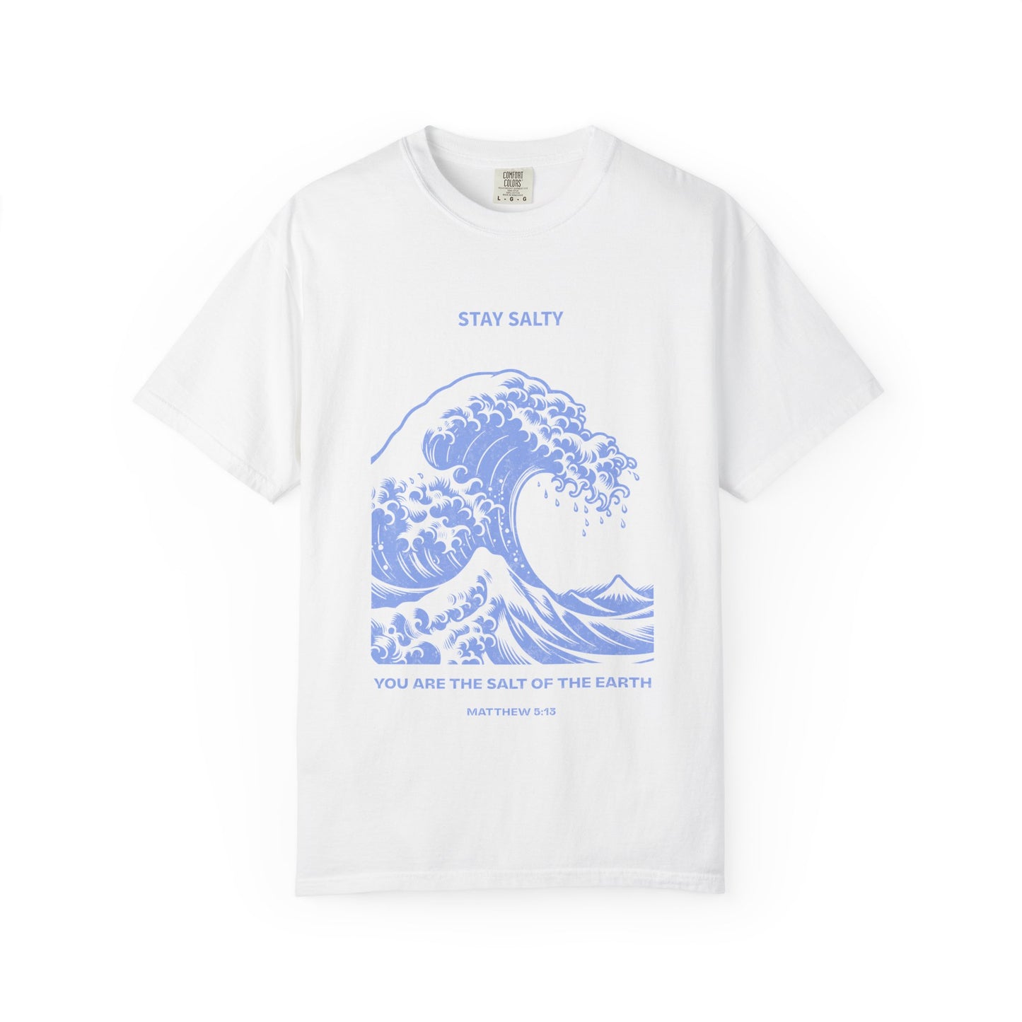 T-shirt with ocean wave design featuring Stay Salty text and Matthew 5:13 Bible verse