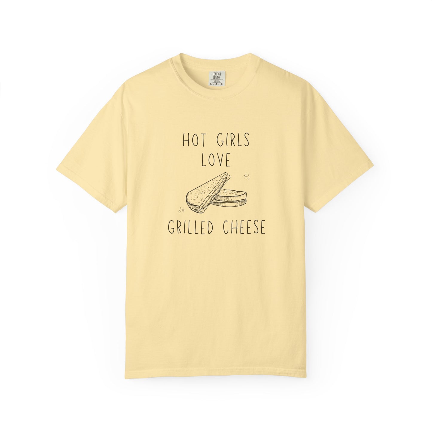T-shirt with hand-drawn grilled cheese sandwich illustration and text reading Hot Girls Love Grilled Cheese