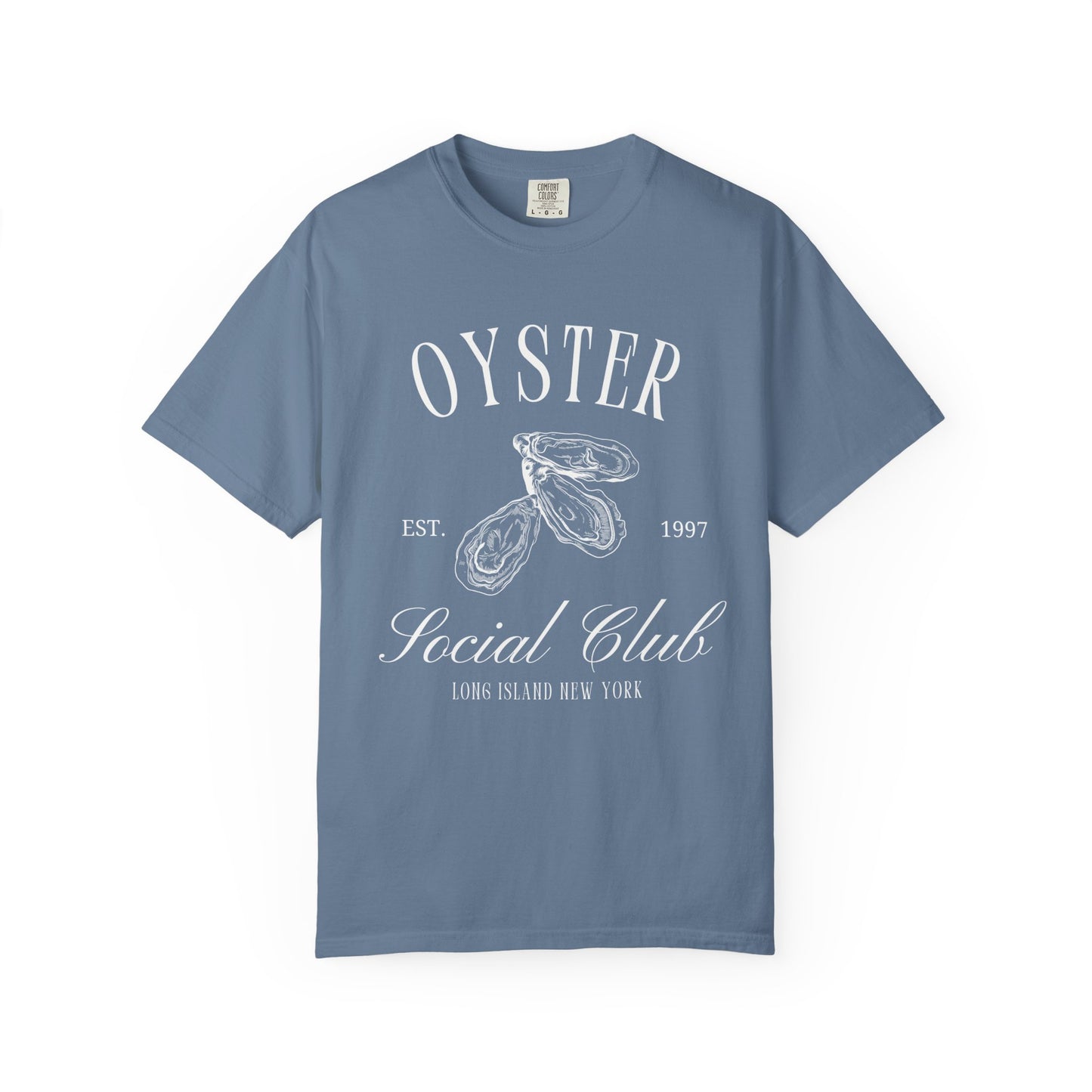 T-shirt with vintage oyster social club design featuring three detailed oyster illustrations