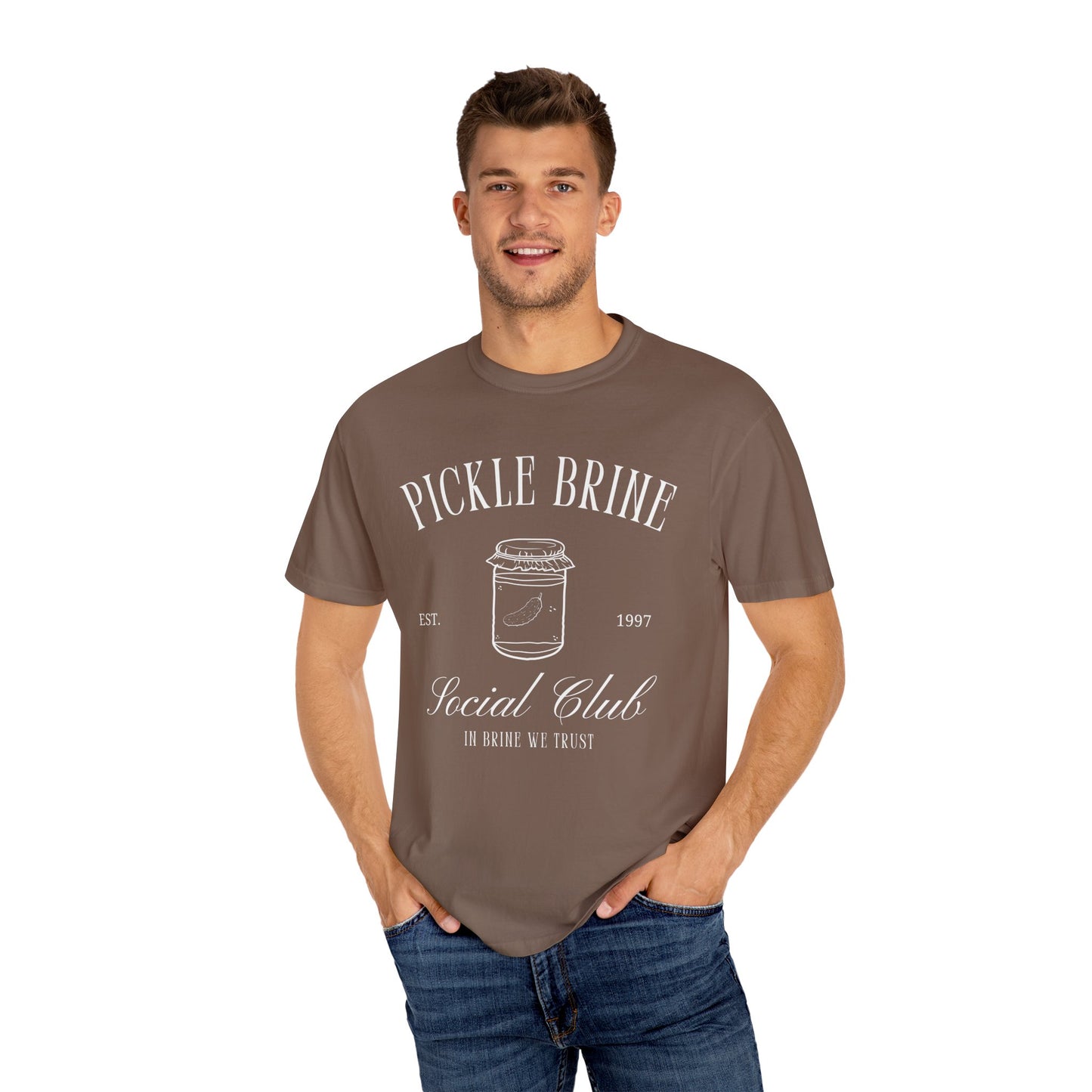 T-shirt with vintage pickle brine social club design featuring mason jar with pickle illustration