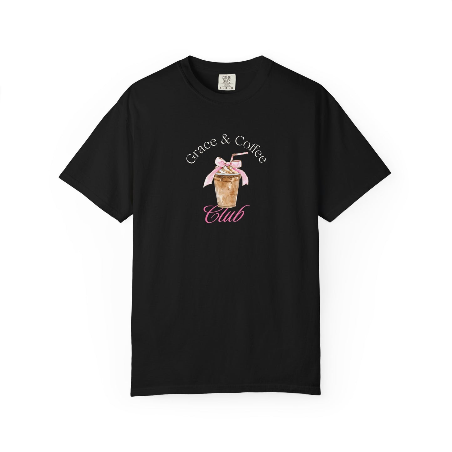 T-shirt with watercolor coffee cup design featuring pink bow and Grace & Coffee Club text