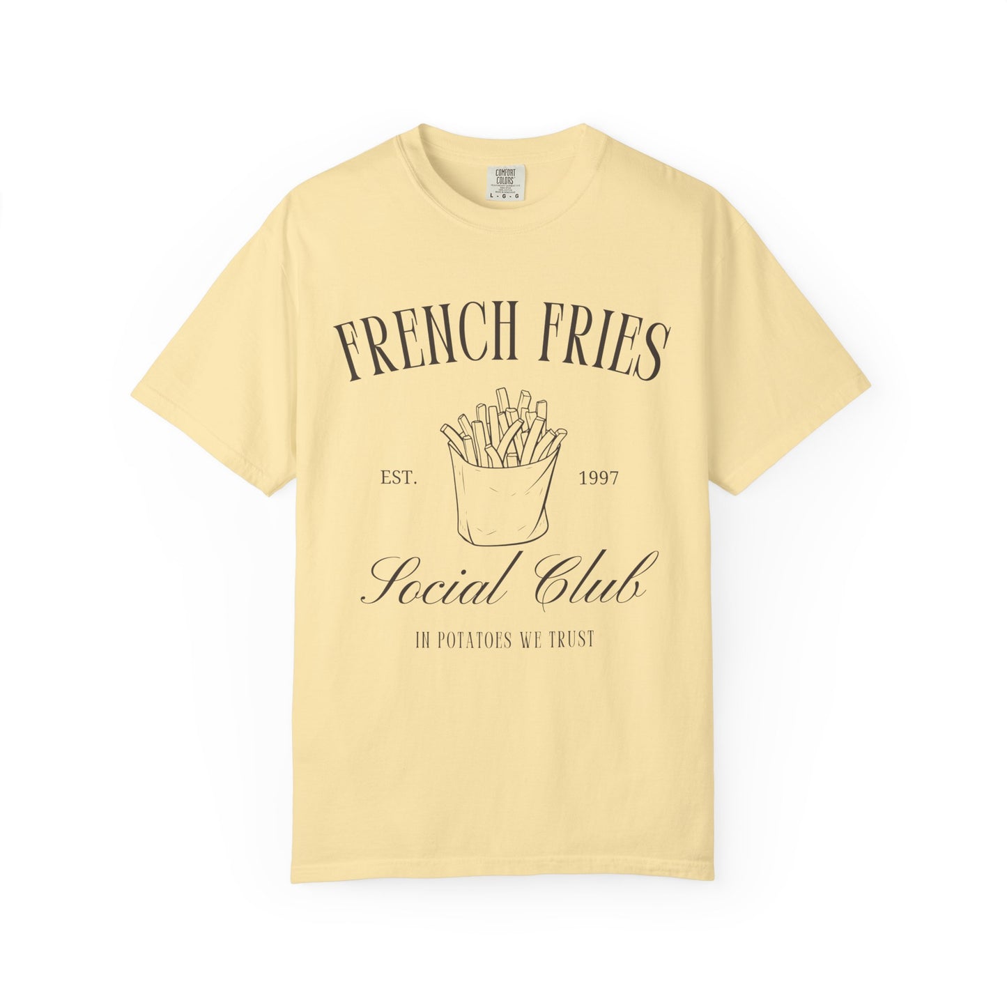 T-shirt with French Fries Social Club design featuring hand-drawn fries illustration and vintage typography