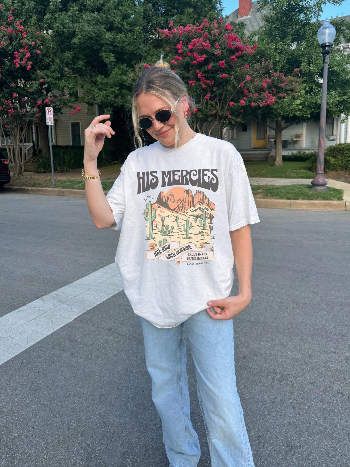 Christian t-shirt with desert landscape design featuring 'His Mercies Are New Each Morning' text and Lamentations 3:23 verse