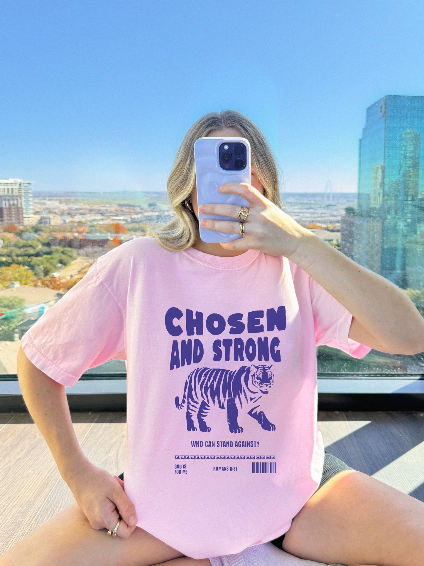 Christian t-shirt with tiger graphic and 'Chosen and Strong' text featuring Romans 8:31 verse