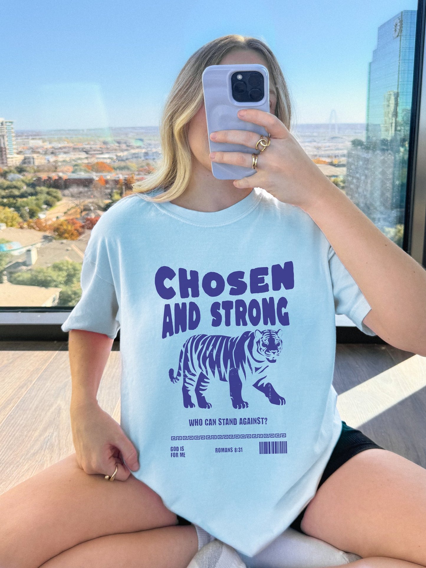 Christian t-shirt with tiger graphic and 'Chosen and Strong' text featuring Romans 8:31 verse