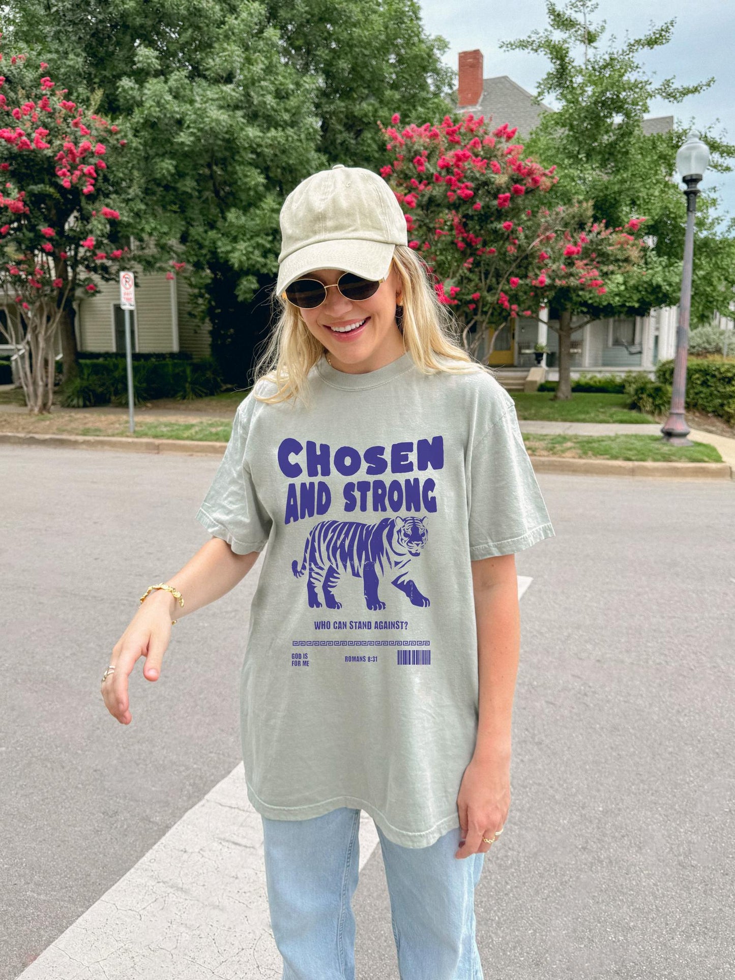 Christian t-shirt with tiger graphic and 'Chosen and Strong' text featuring Romans 8:31 verse