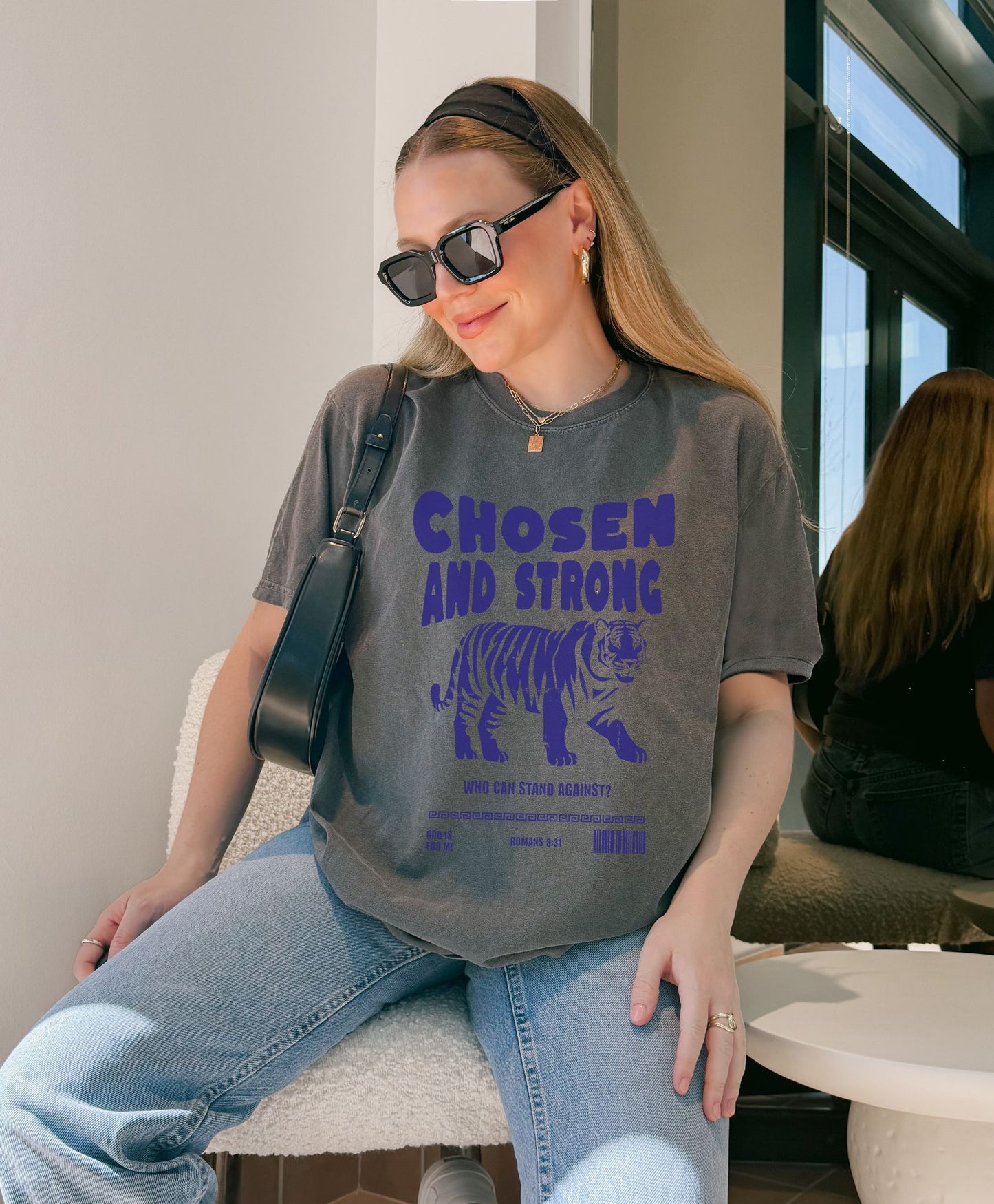 Christian t-shirt with tiger graphic and 'Chosen and Strong' text featuring Romans 8:31 verse