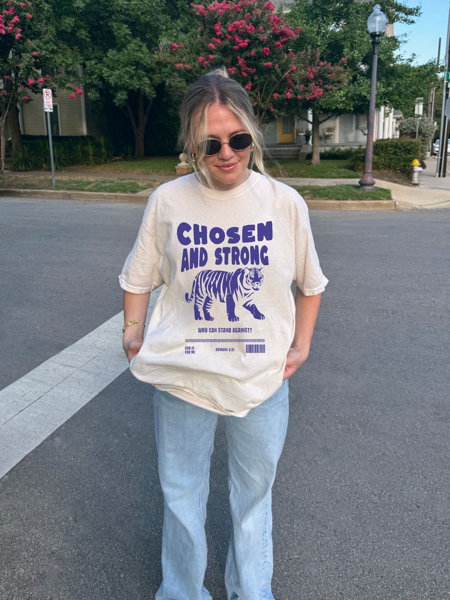 Christian t-shirt with tiger graphic and 'Chosen and Strong' text featuring Romans 8:31 verse