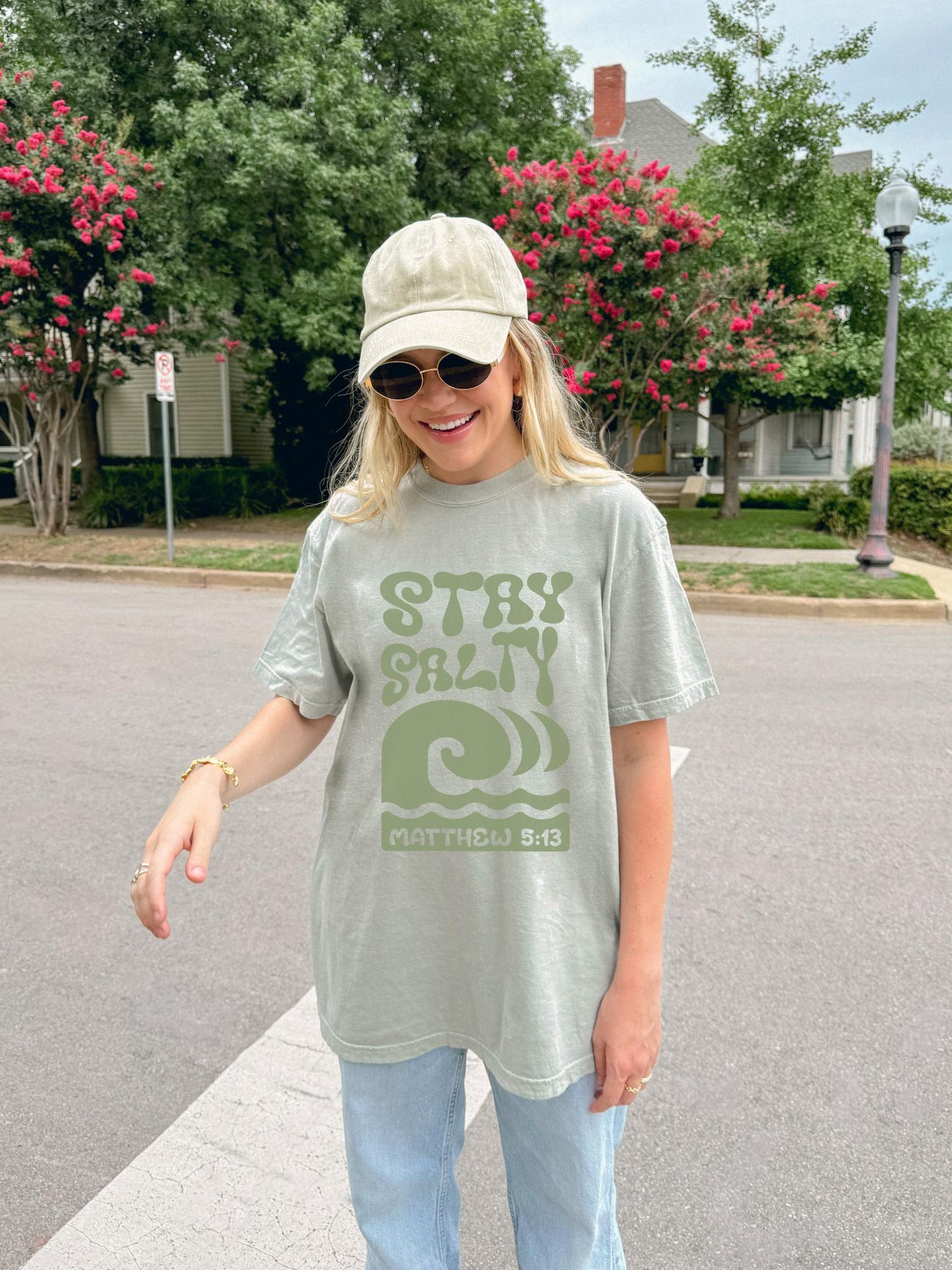 Stay Salty Matthew 5:13 t-shirt with retro wave design in sage green christian graphic