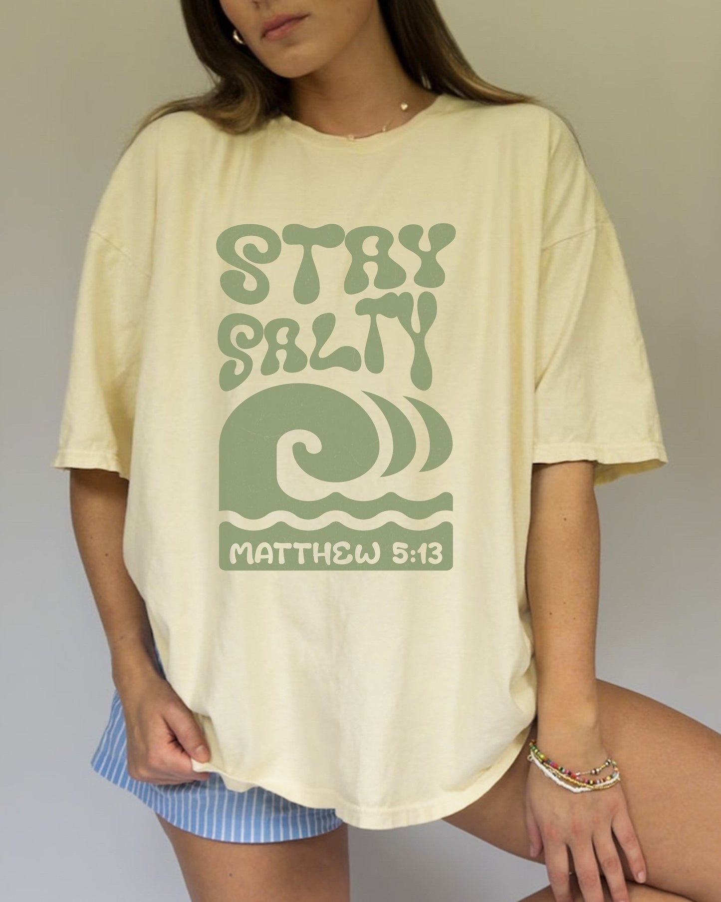 Stay Salty Matthew 5:13 t-shirt with retro wave design in sage green christian graphic