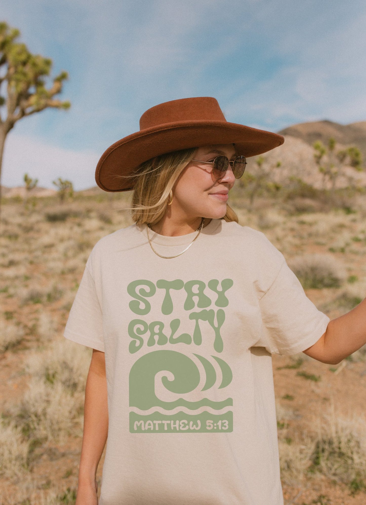 Stay Salty Matthew 5:13 t-shirt with retro wave design in sage green christian graphic