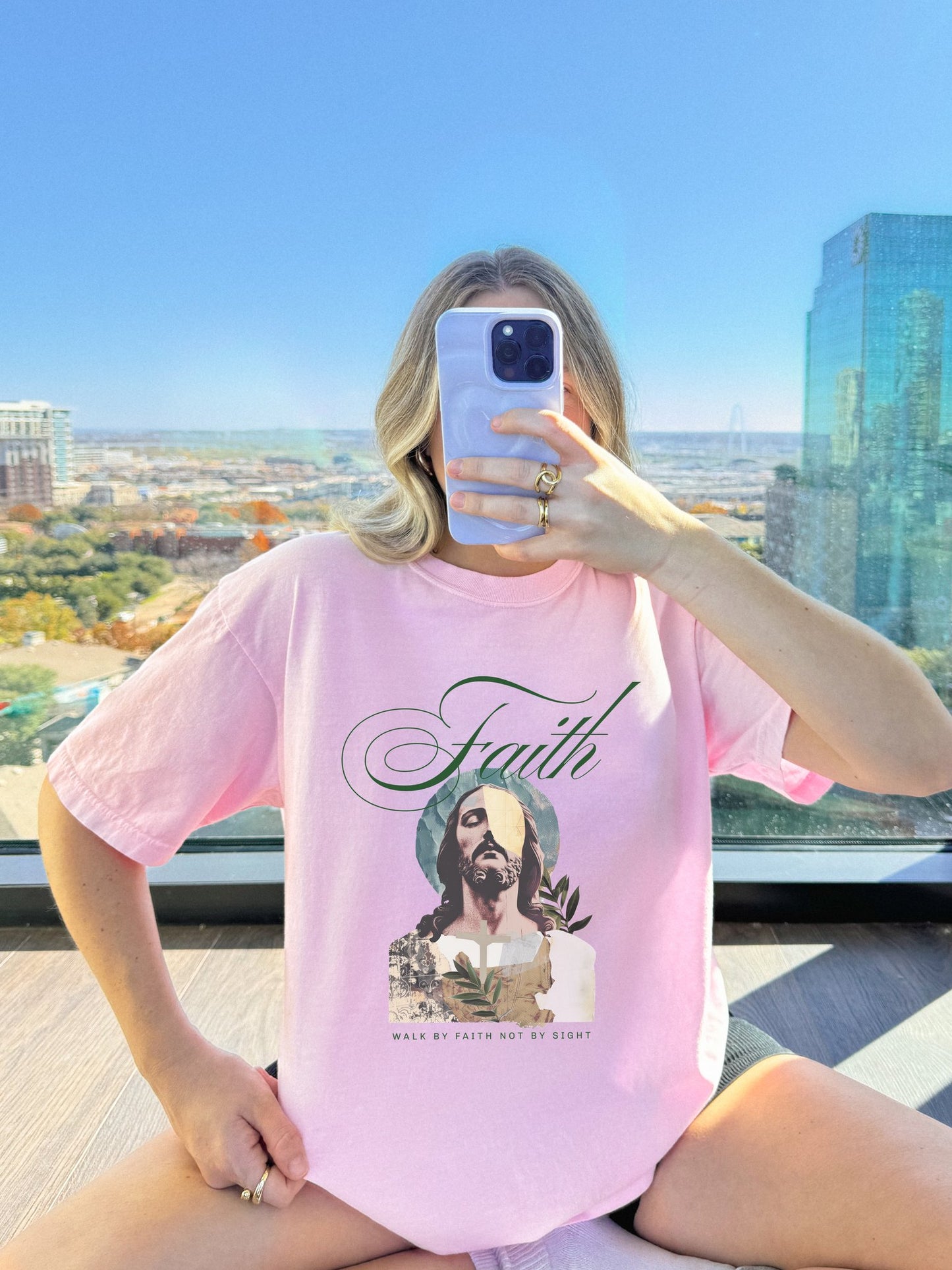 Jesus t-shirt with artistic collage design featuring Christ's face and Walk By Faith Not By Sight text