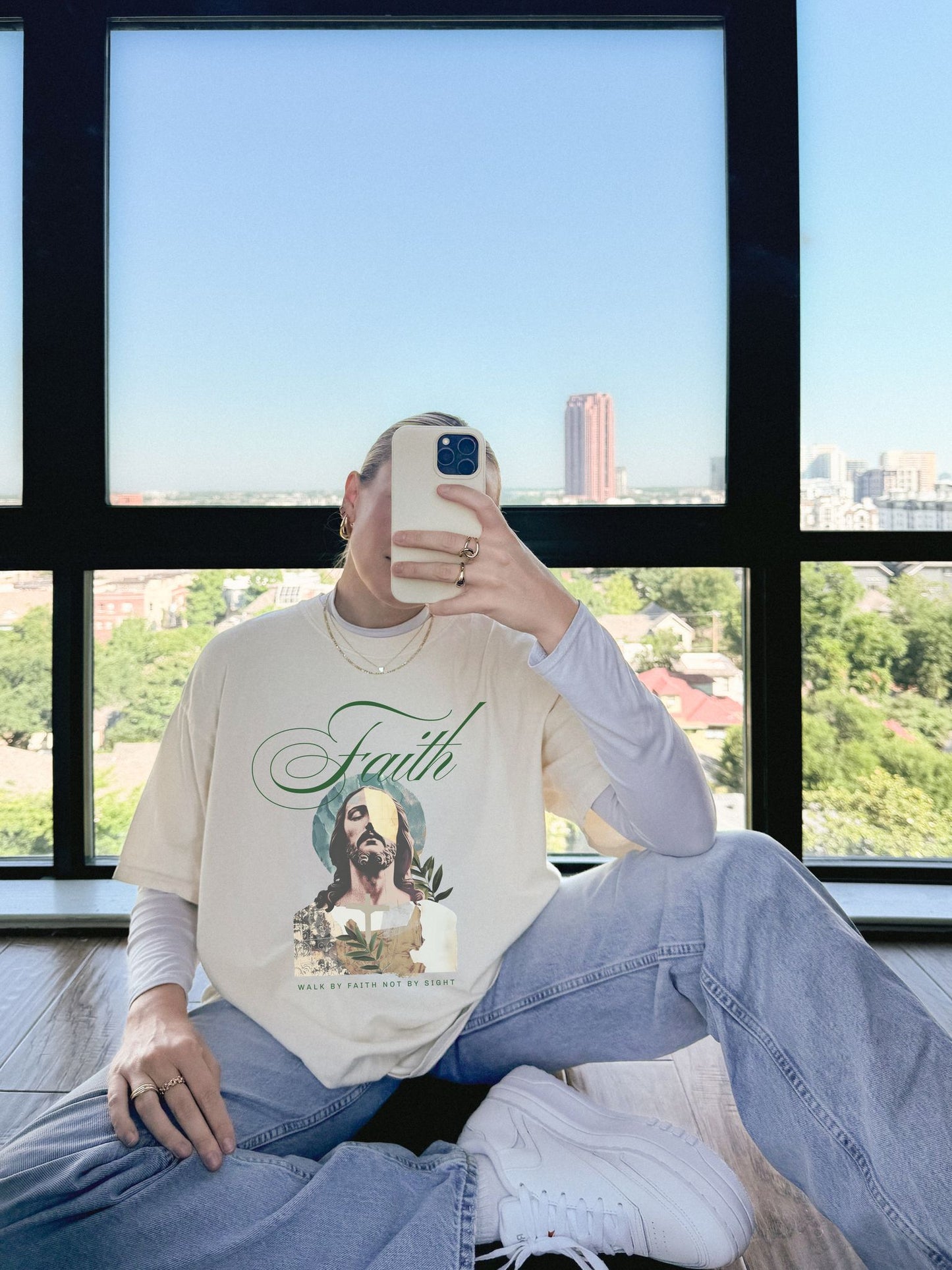 Jesus t-shirt with artistic collage design featuring Christ's face and Walk By Faith Not By Sight text