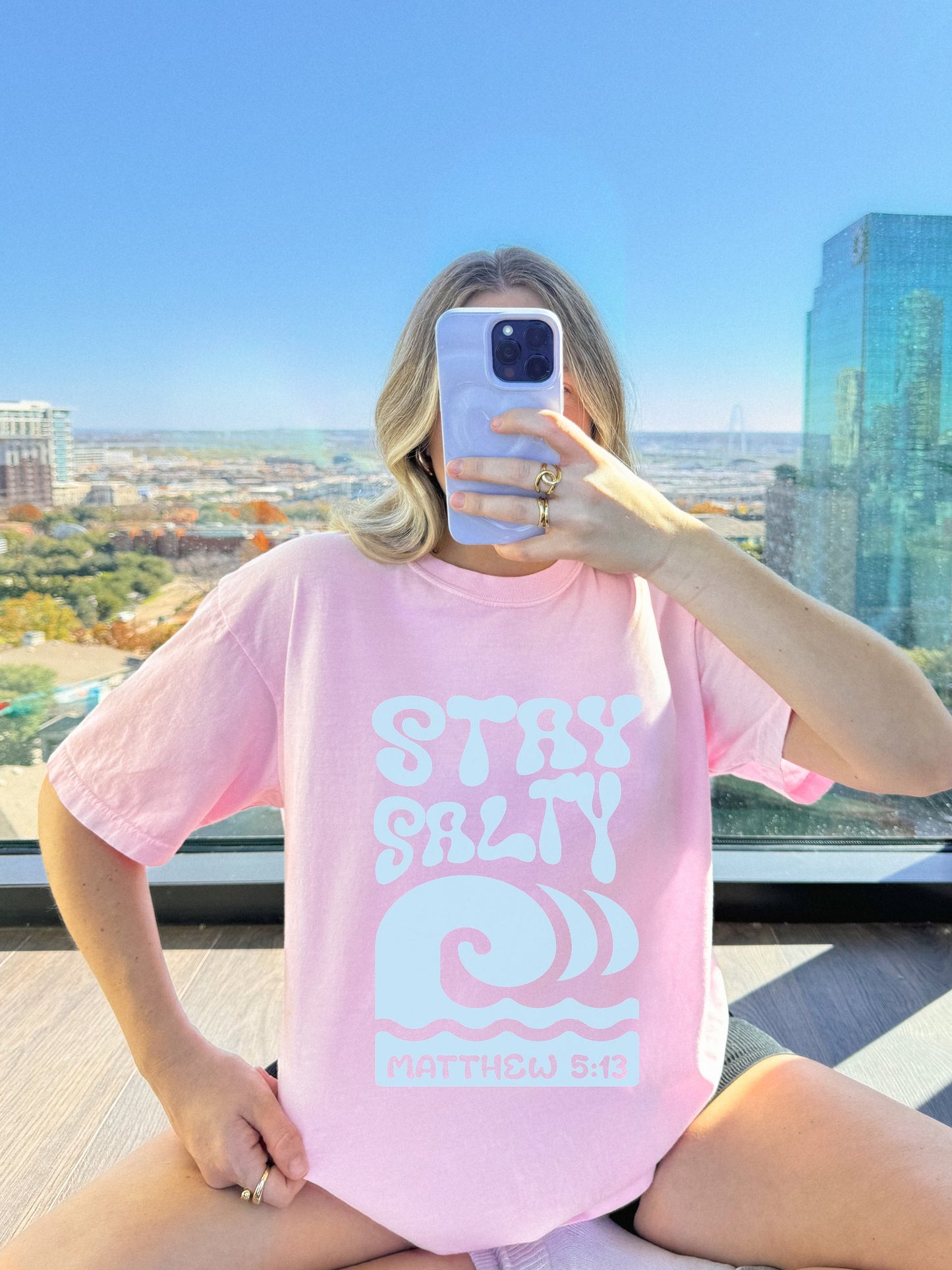 Christian t-shirt with 'Stay Salty' text and ocean wave design referencing Matthew 5:13