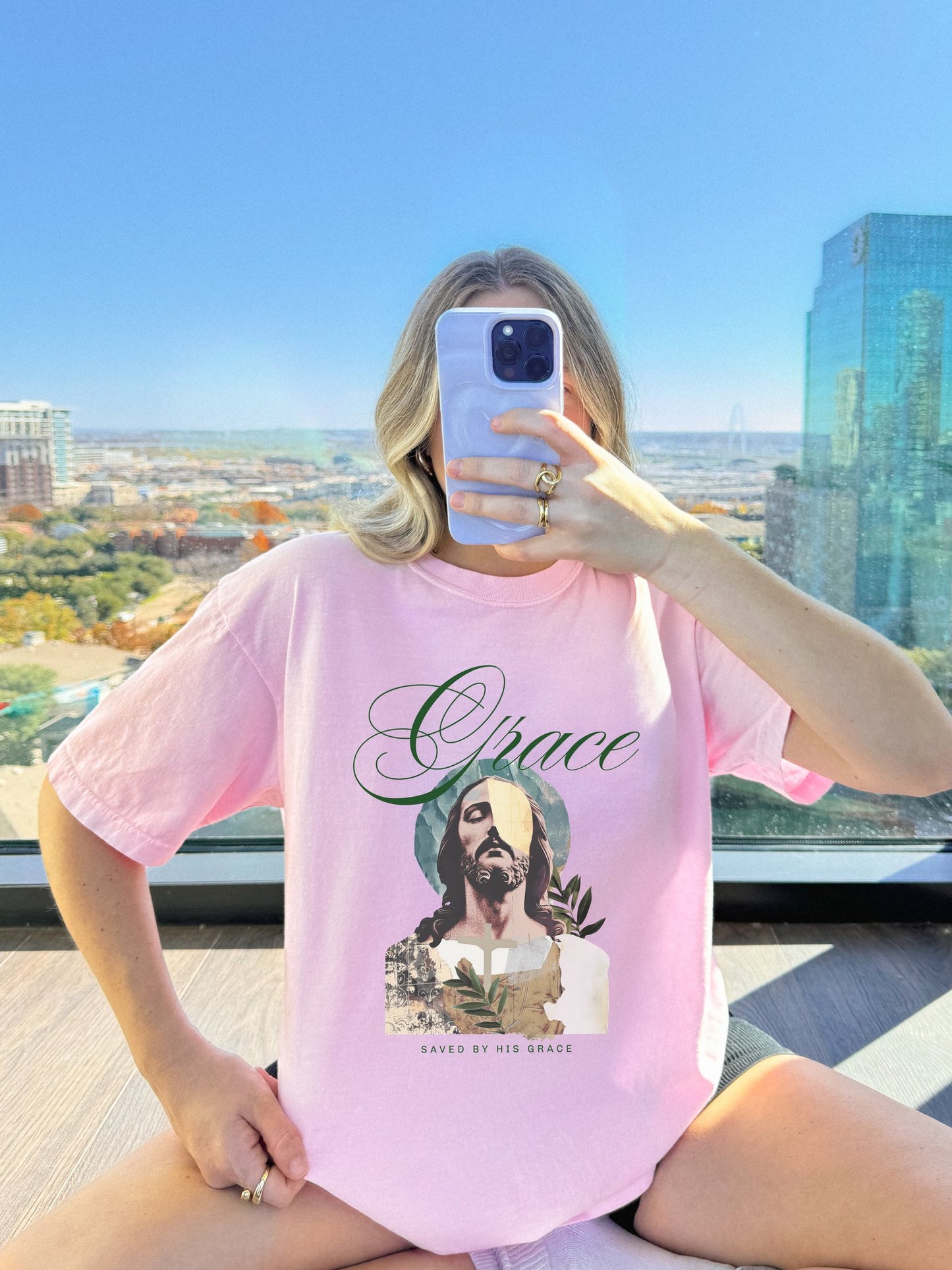 Christian t-shirt featuring artistic Jesus portrait with Grace text and cross design in vintage style