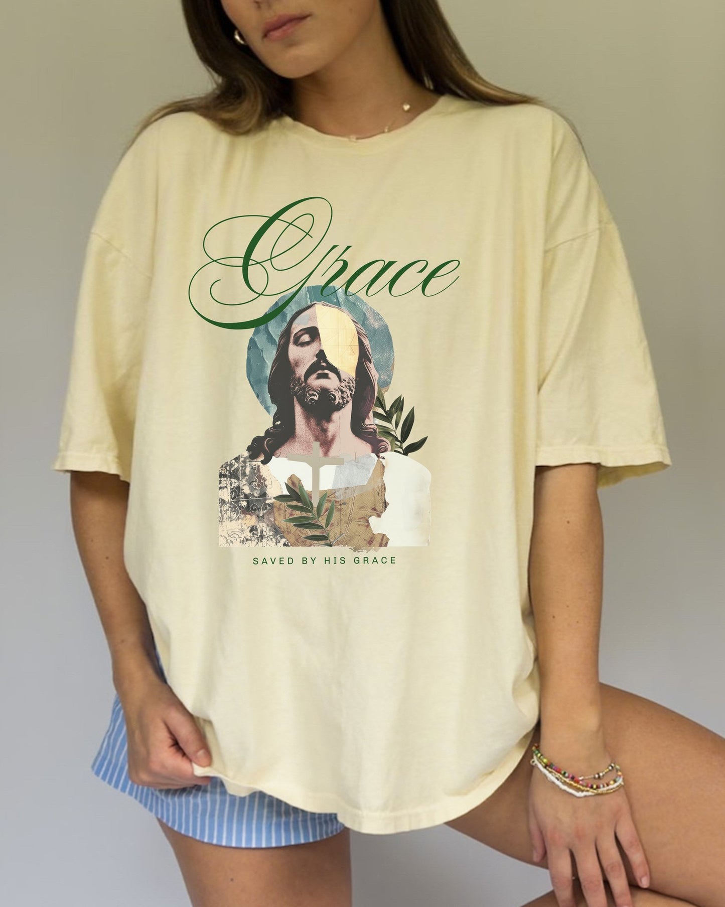 Christian t-shirt featuring artistic Jesus portrait with Grace text and cross design in vintage style