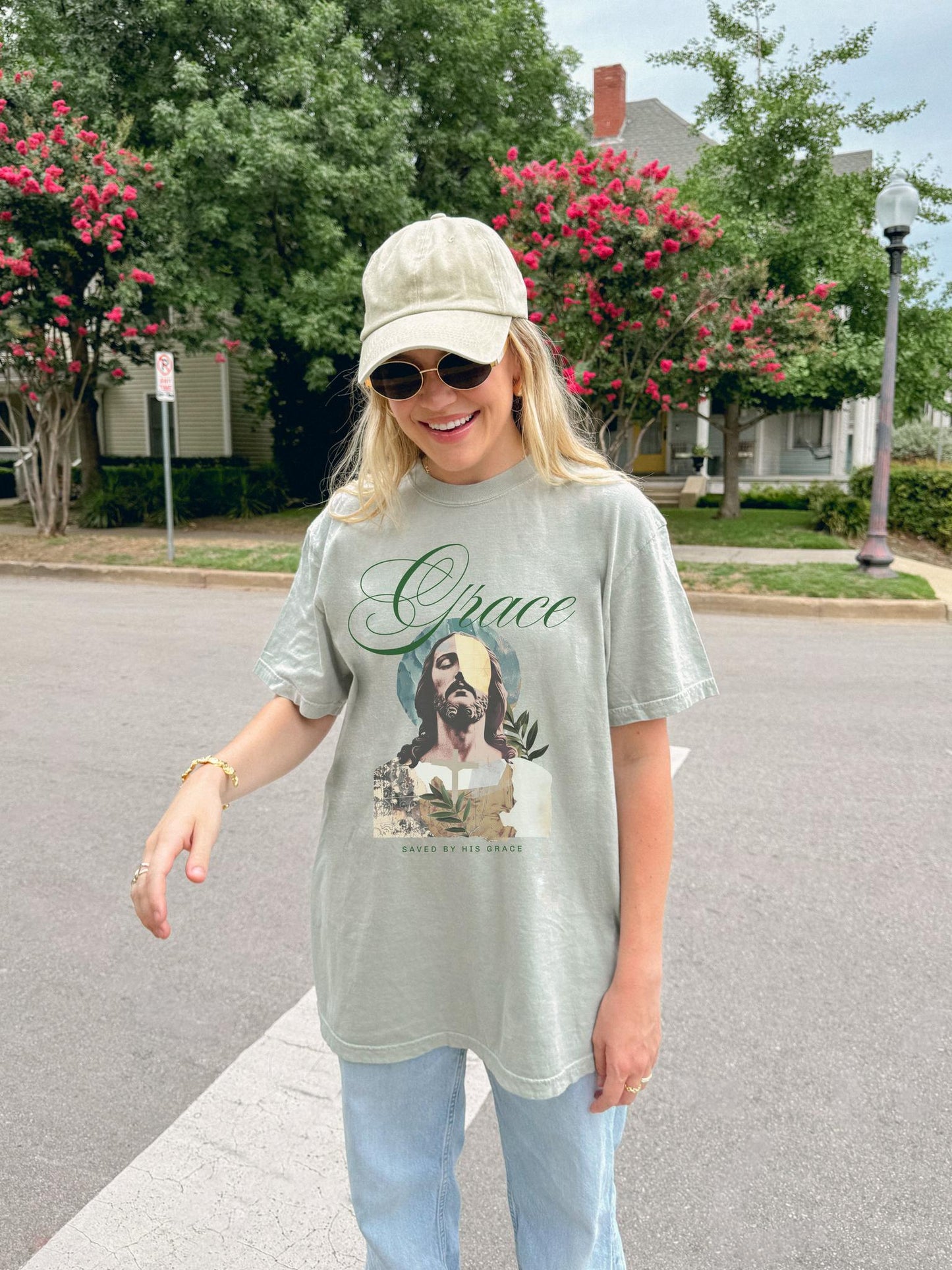 Christian t-shirt featuring artistic Jesus portrait with Grace text and cross design in vintage style