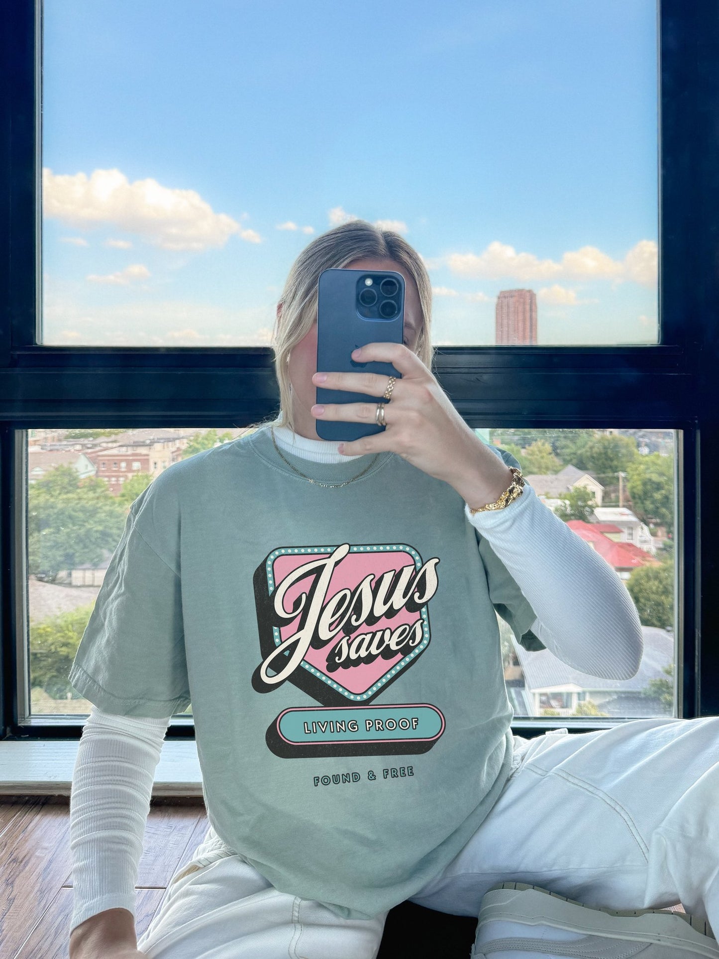 T-shirt with retro Jesus Saves design in pink and blue with distressed vintage styling