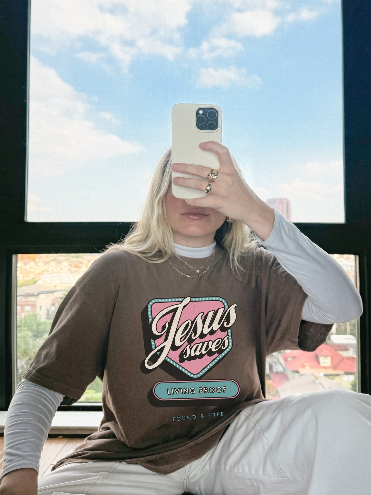 T-shirt with retro Jesus Saves design in pink and blue with distressed vintage styling