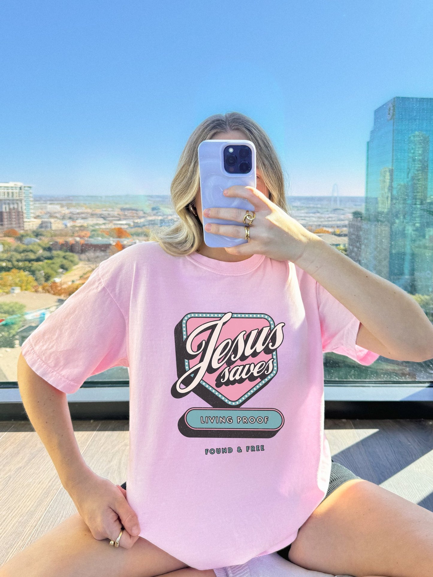 T-shirt with retro Jesus Saves design in pink and blue with distressed vintage styling