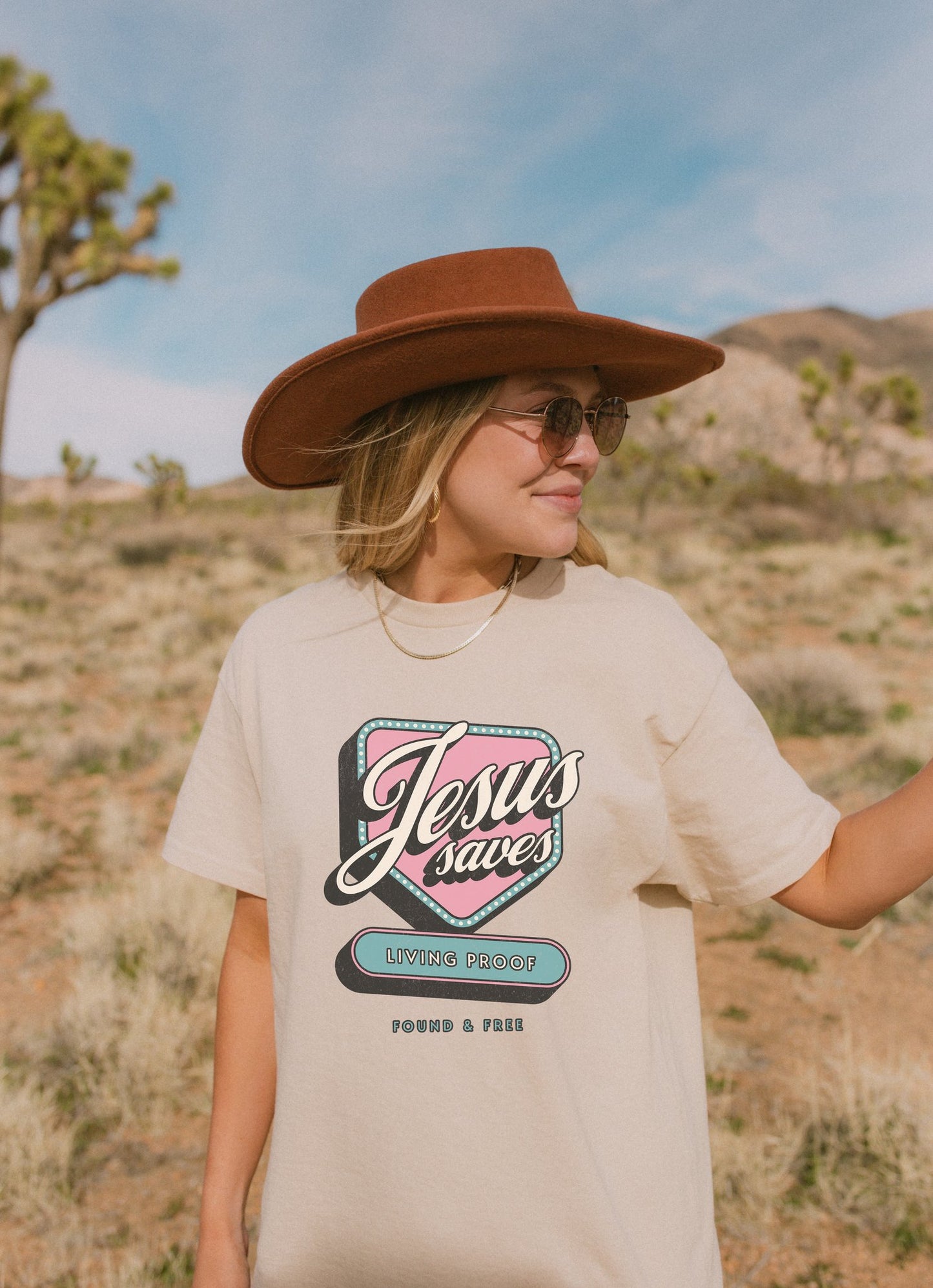 T-shirt with retro Jesus Saves design in pink and blue with distressed vintage styling