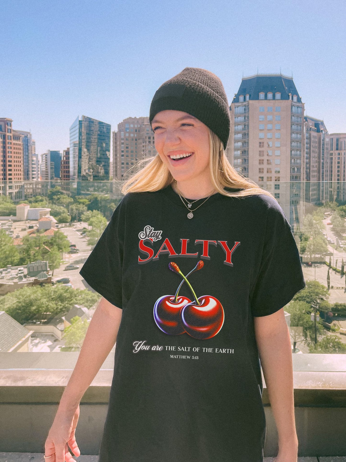 T-shirt with retro Stay Salty text and vintage cherry design featuring Matthew 5:13 scripture