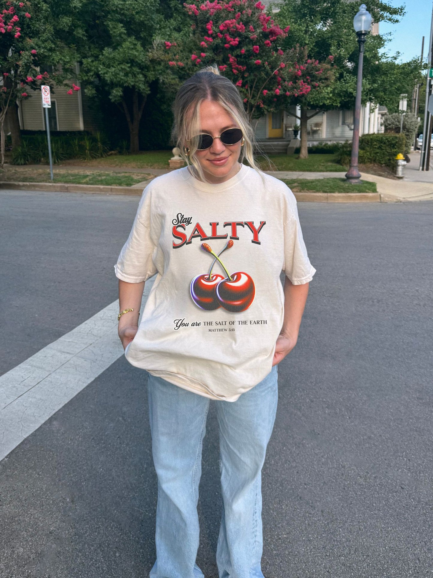 T-shirt with retro Stay Salty text and vintage cherry design featuring Matthew 5:13 scripture