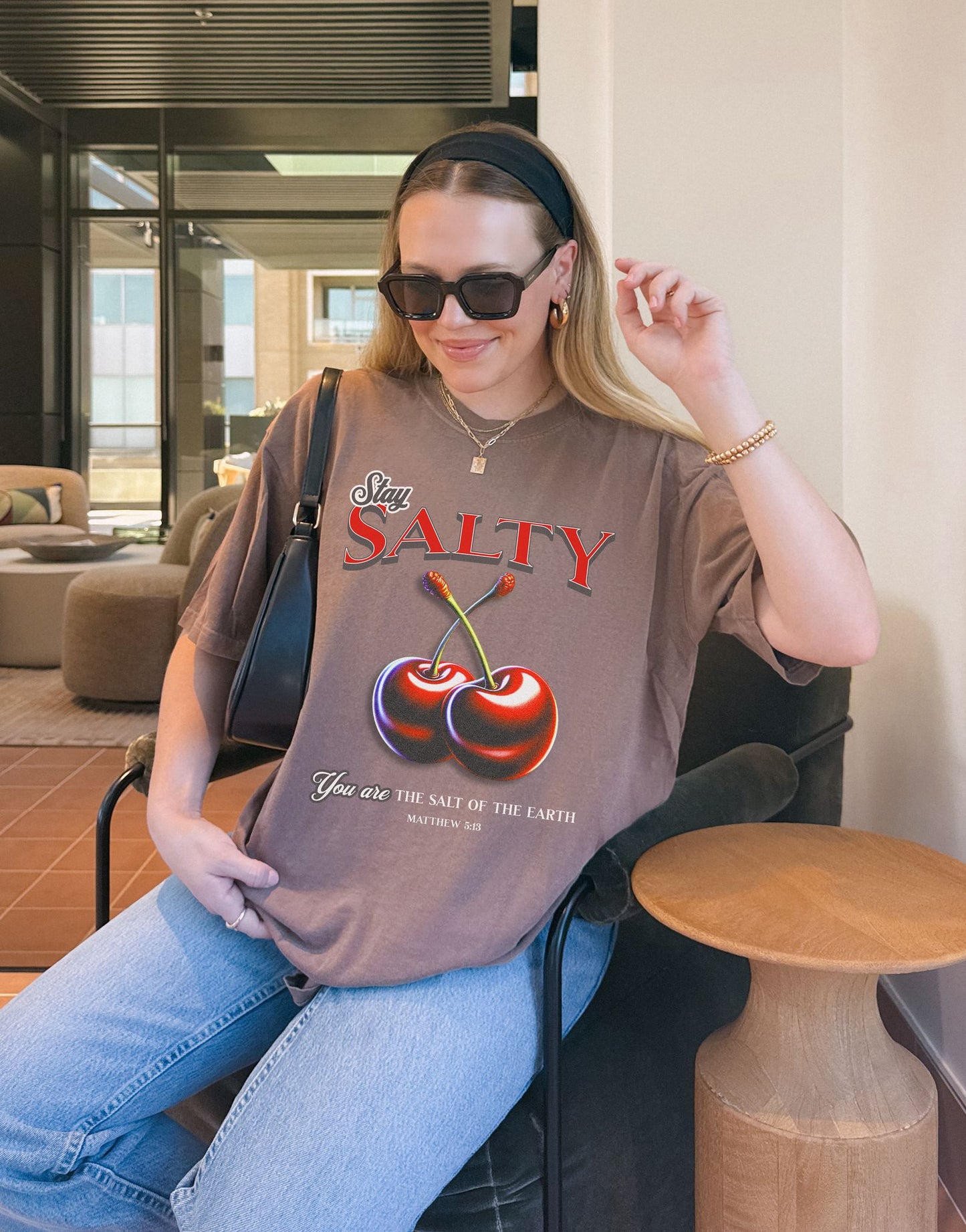 T-shirt with retro Stay Salty text and vintage cherry design featuring Matthew 5:13 scripture