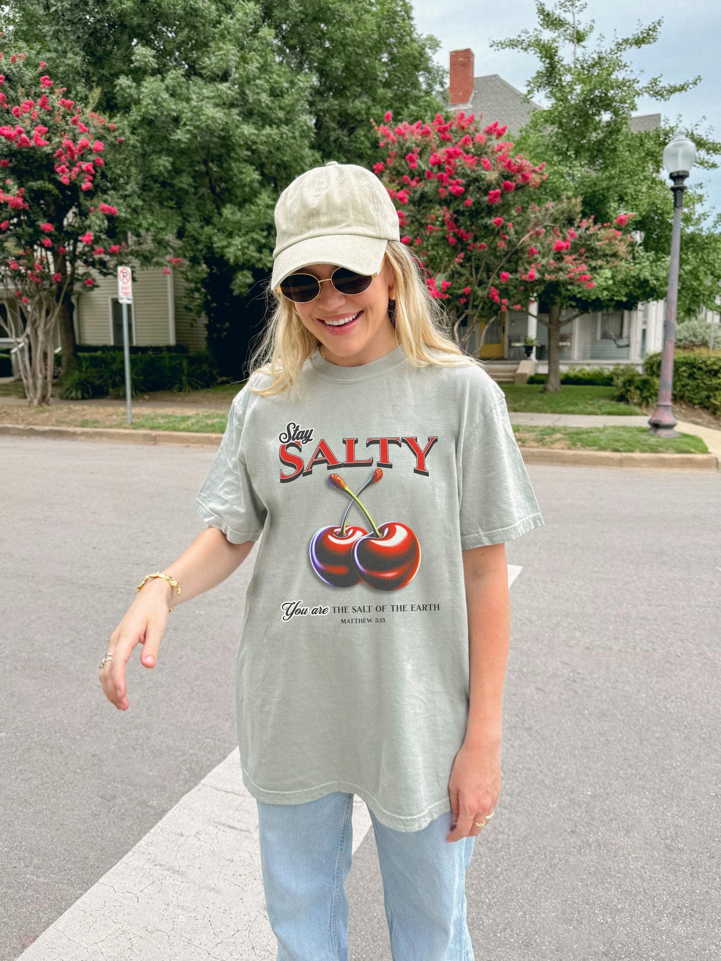 T-shirt with retro Stay Salty text and vintage cherry design featuring Matthew 5:13 scripture
