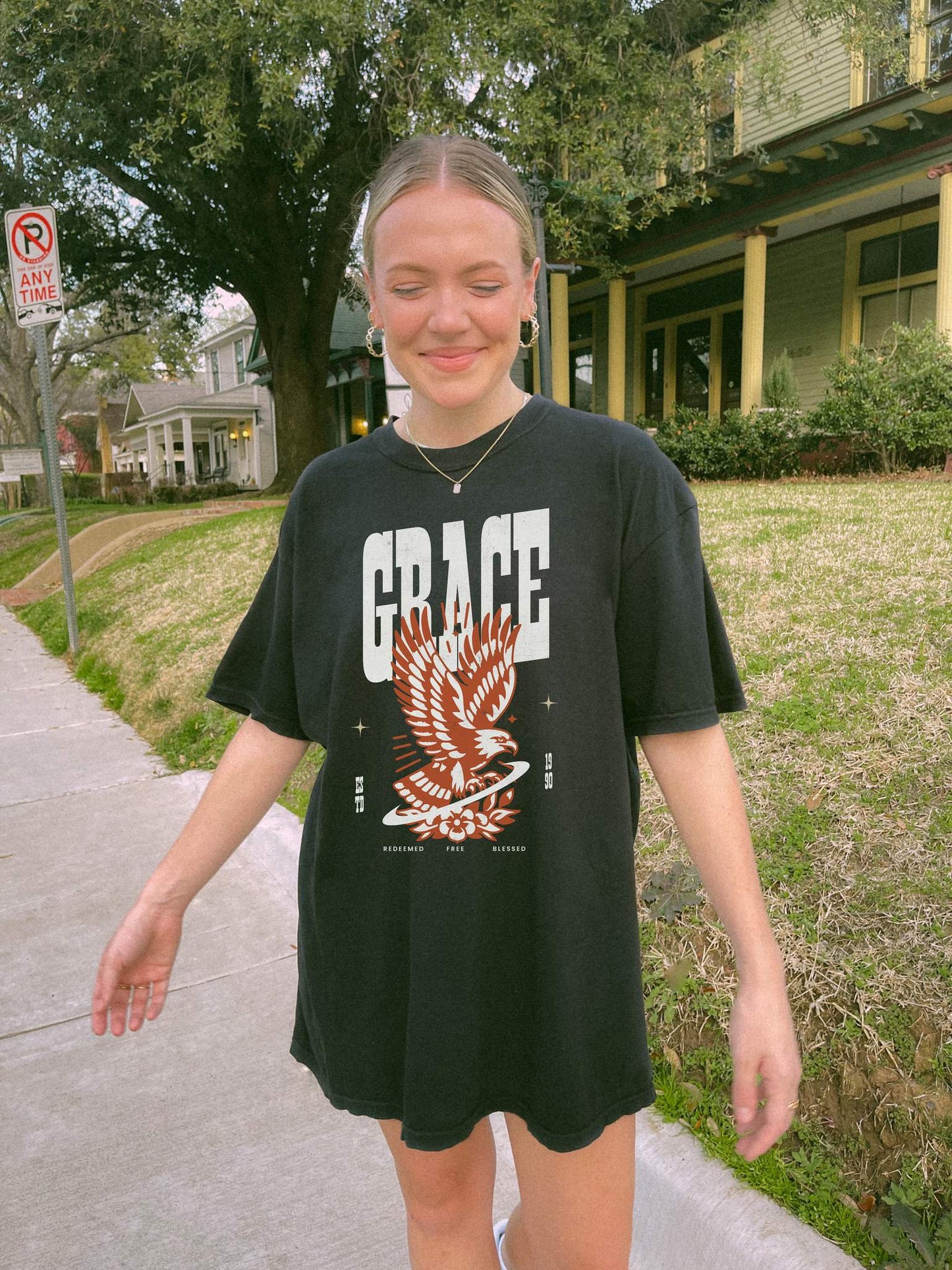 Christian t-shirt with vintage eagle design in orange and cream colors featuring Grace text and decorative elements