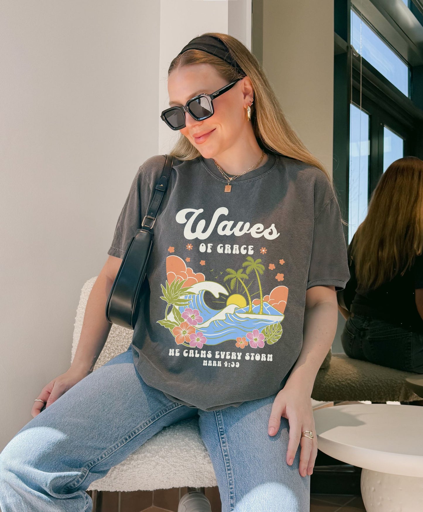 T-shirt with tropical ocean waves, palm trees, hibiscus flowers and 'Waves of Grace' scripture design