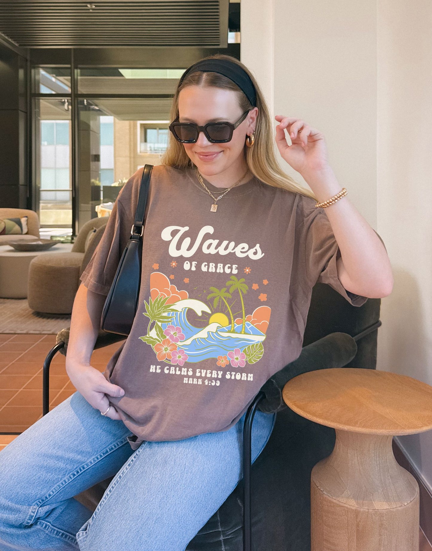 T-shirt with tropical ocean waves, palm trees, hibiscus flowers and 'Waves of Grace' scripture design