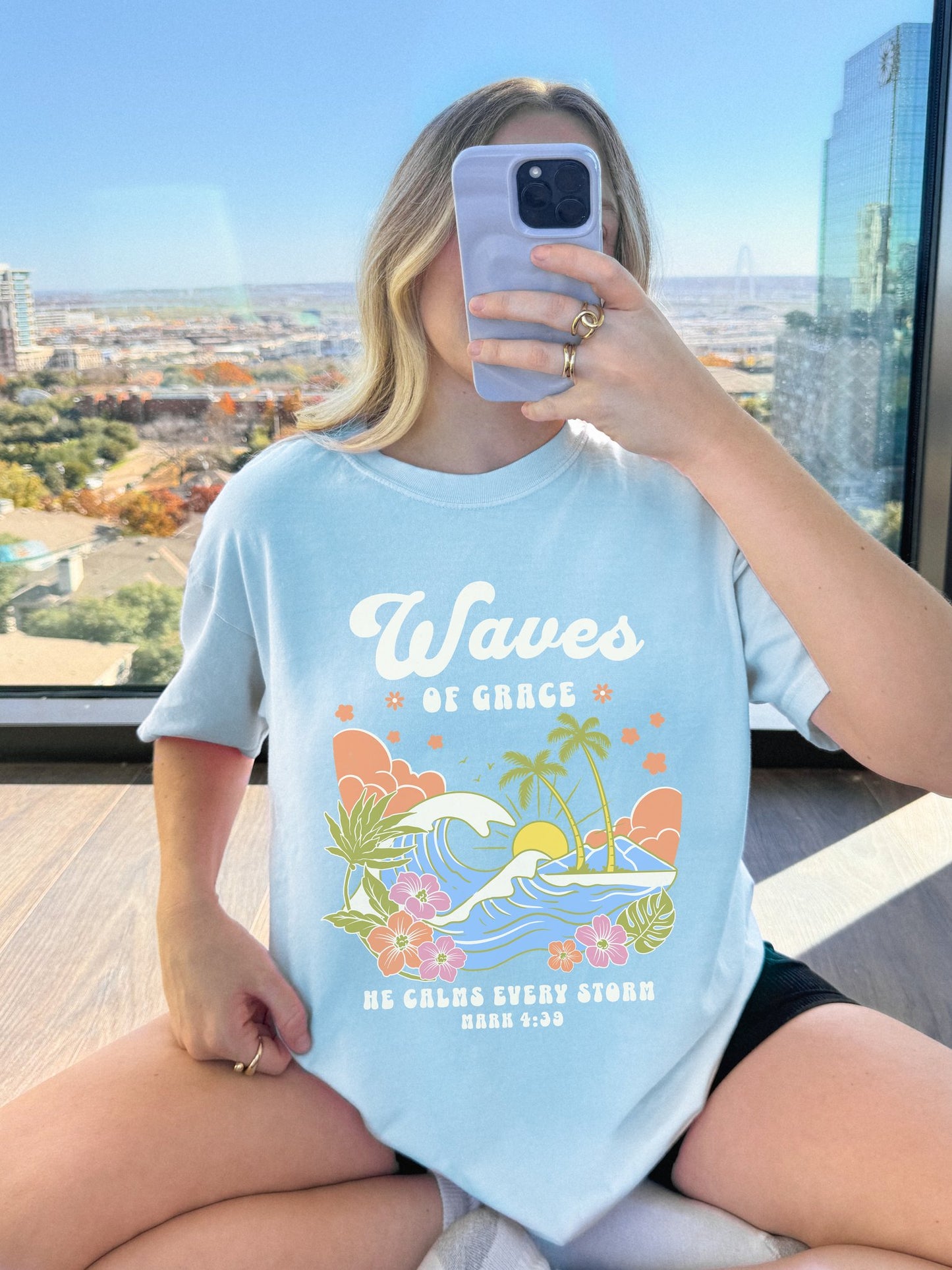 T-shirt with tropical ocean waves, palm trees, hibiscus flowers and 'Waves of Grace' scripture design