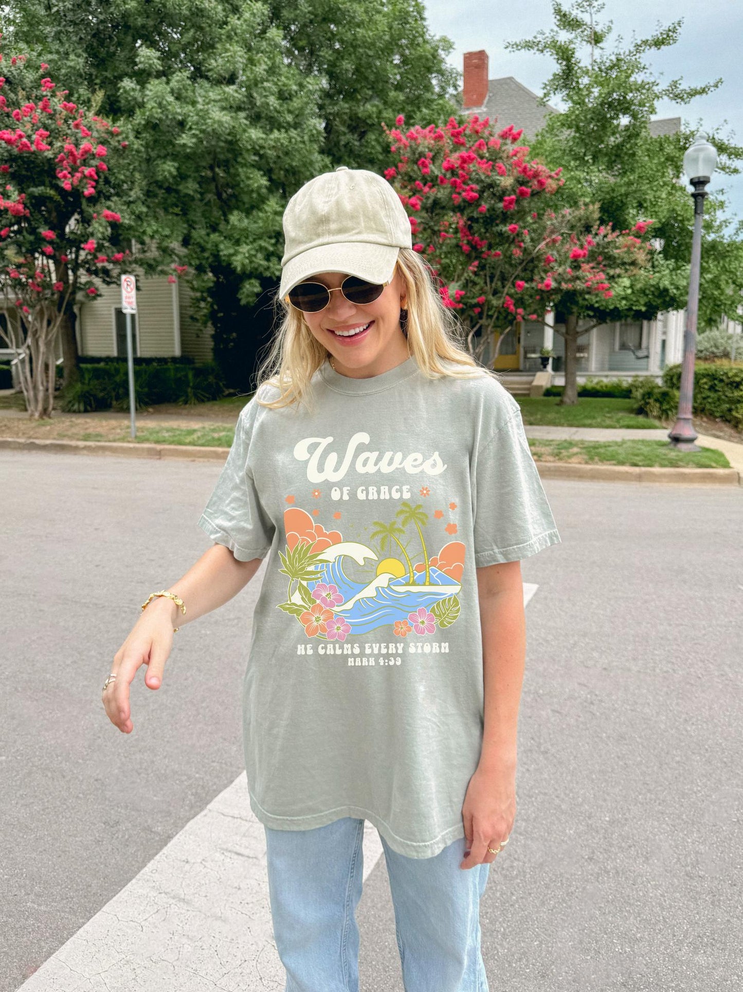 T-shirt with tropical ocean waves, palm trees, hibiscus flowers and 'Waves of Grace' scripture design