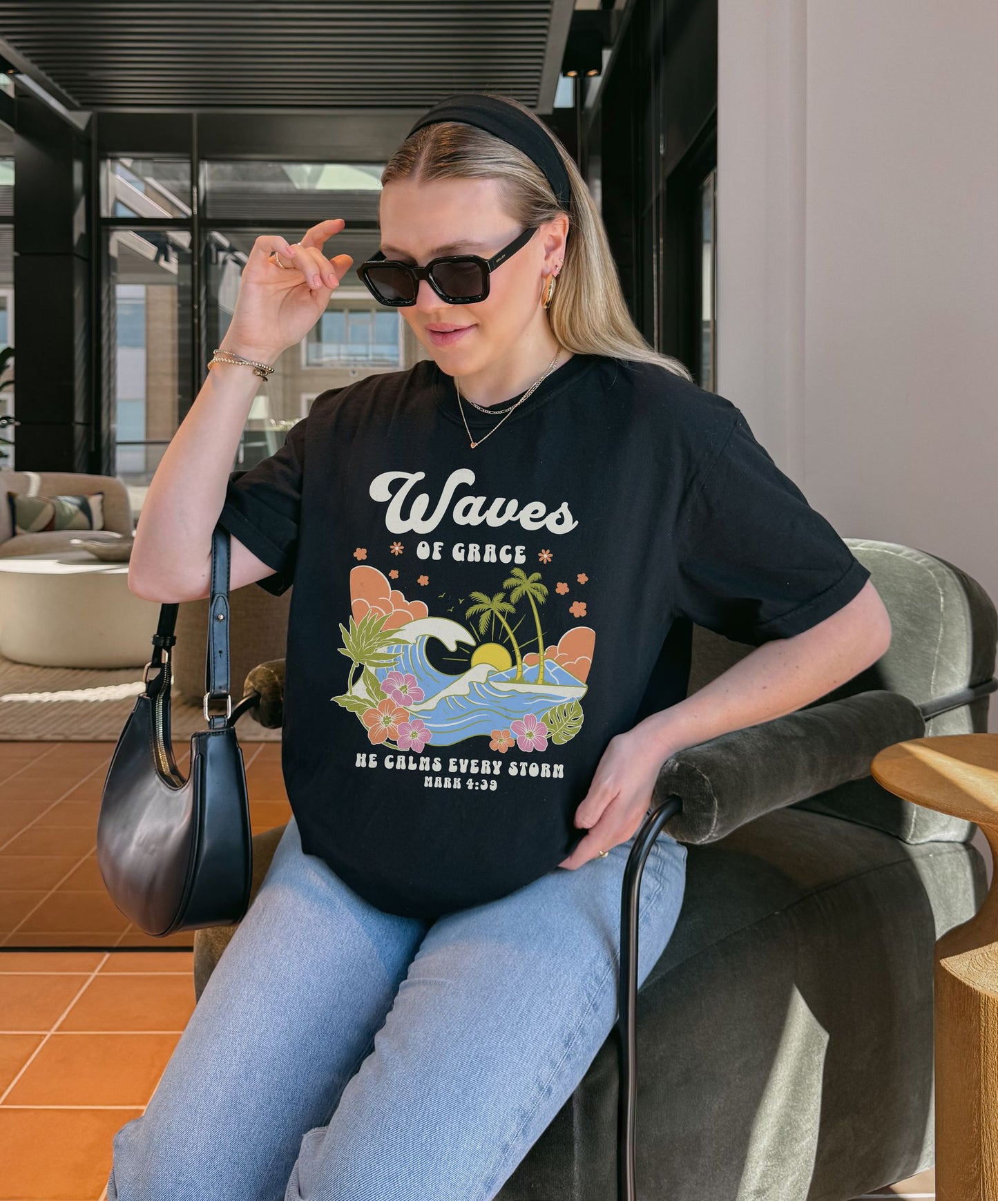 T-shirt with tropical ocean waves, palm trees, hibiscus flowers and 'Waves of Grace' scripture design
