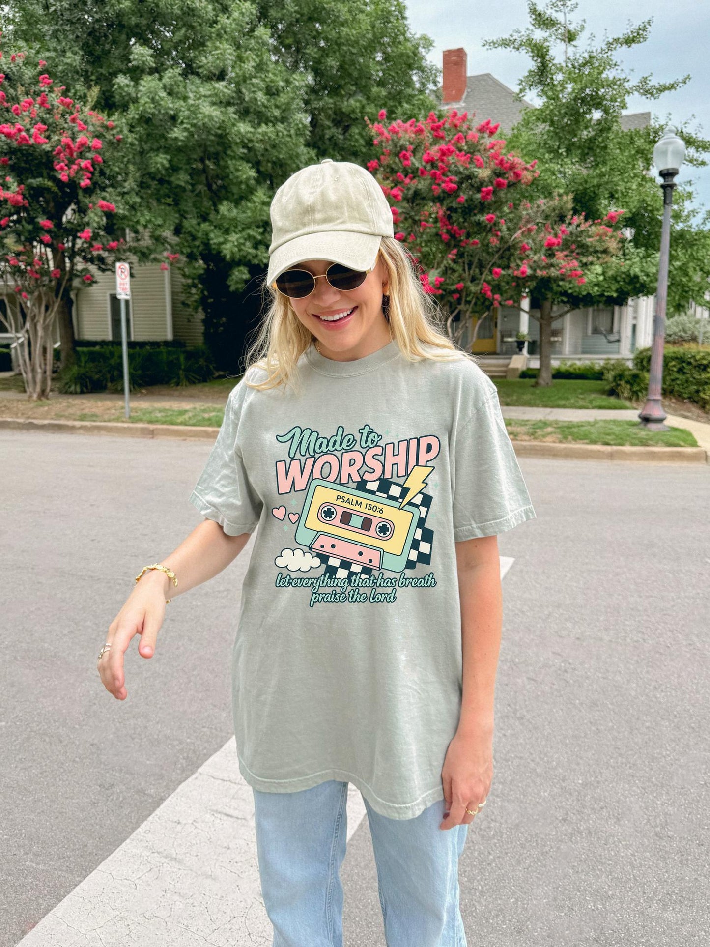T-shirt with retro cassette tape design featuring 'Made to Worship' text and Psalm 150:6 scripture in pastel colors