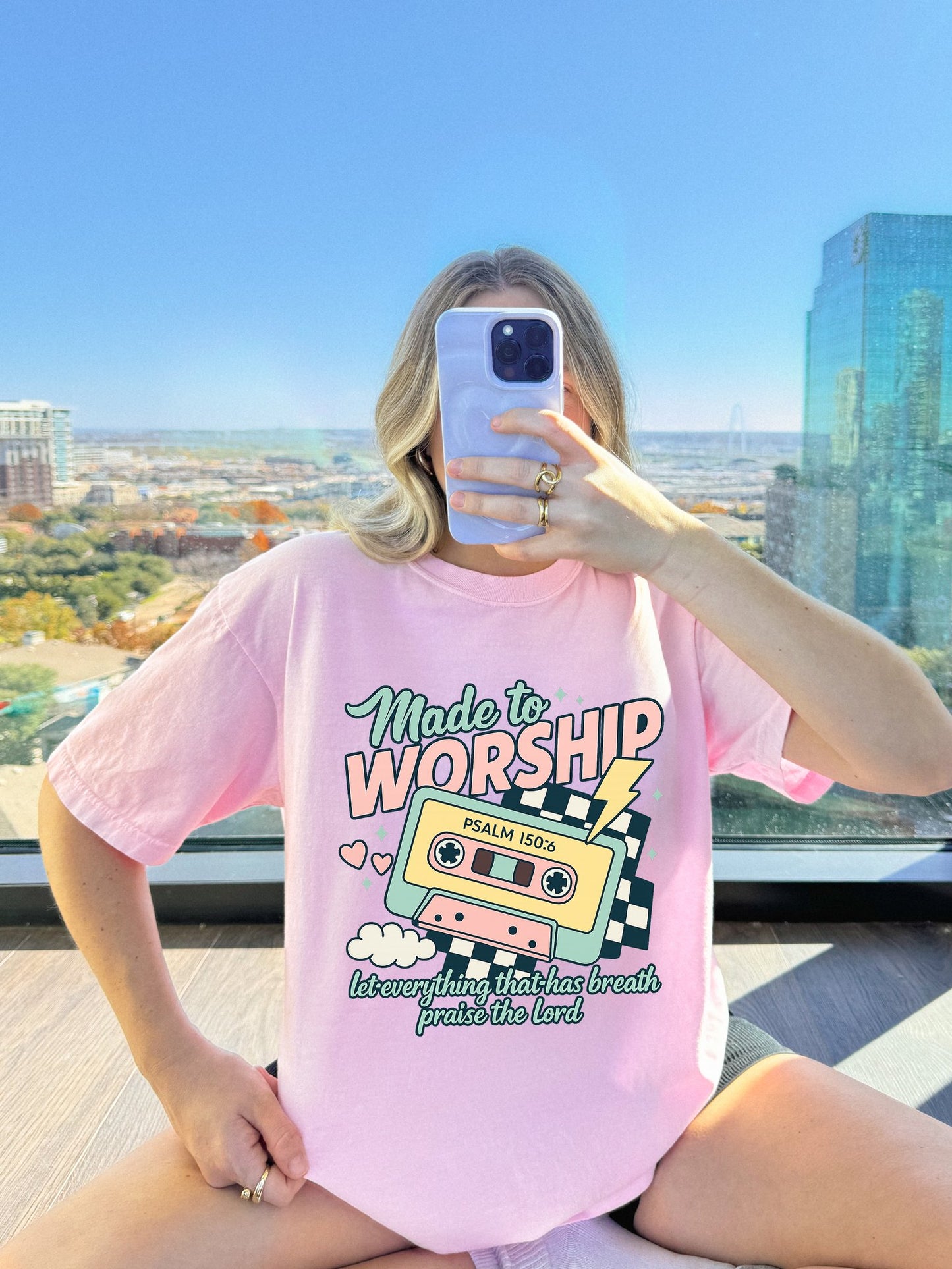 T-shirt with retro cassette tape design featuring 'Made to Worship' text and Psalm 150:6 scripture in pastel colors