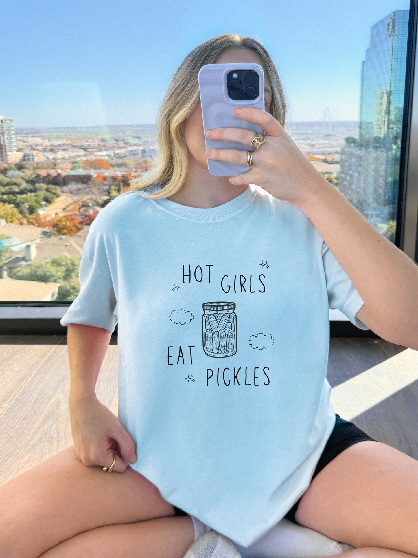 T-shirt with hand-lettered 'Hot Girls Eat Pickles' text and illustrated pickle jar with clouds