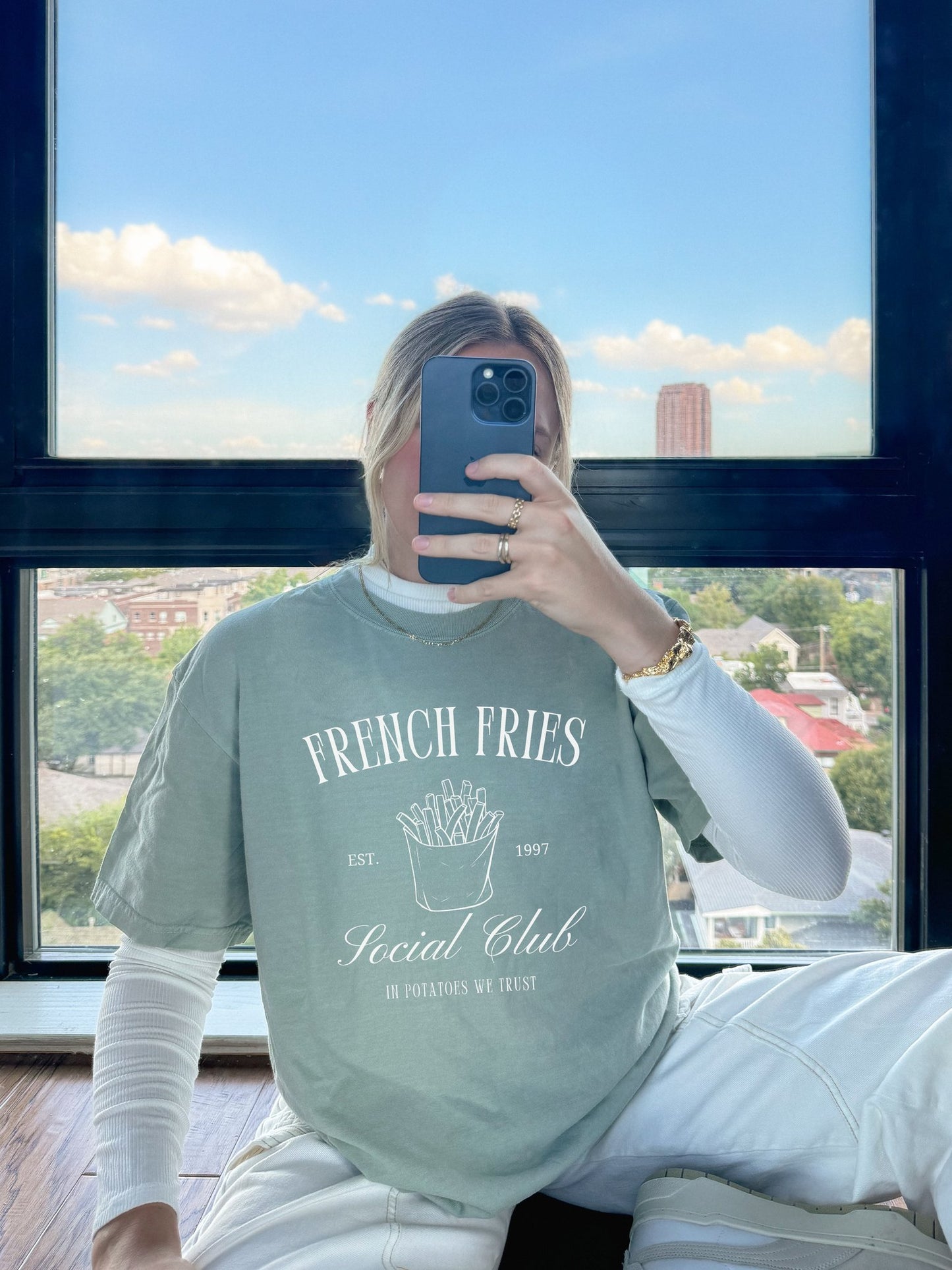 T-shirt with French Fries Social Club design featuring hand-drawn fries illustration and vintage typography