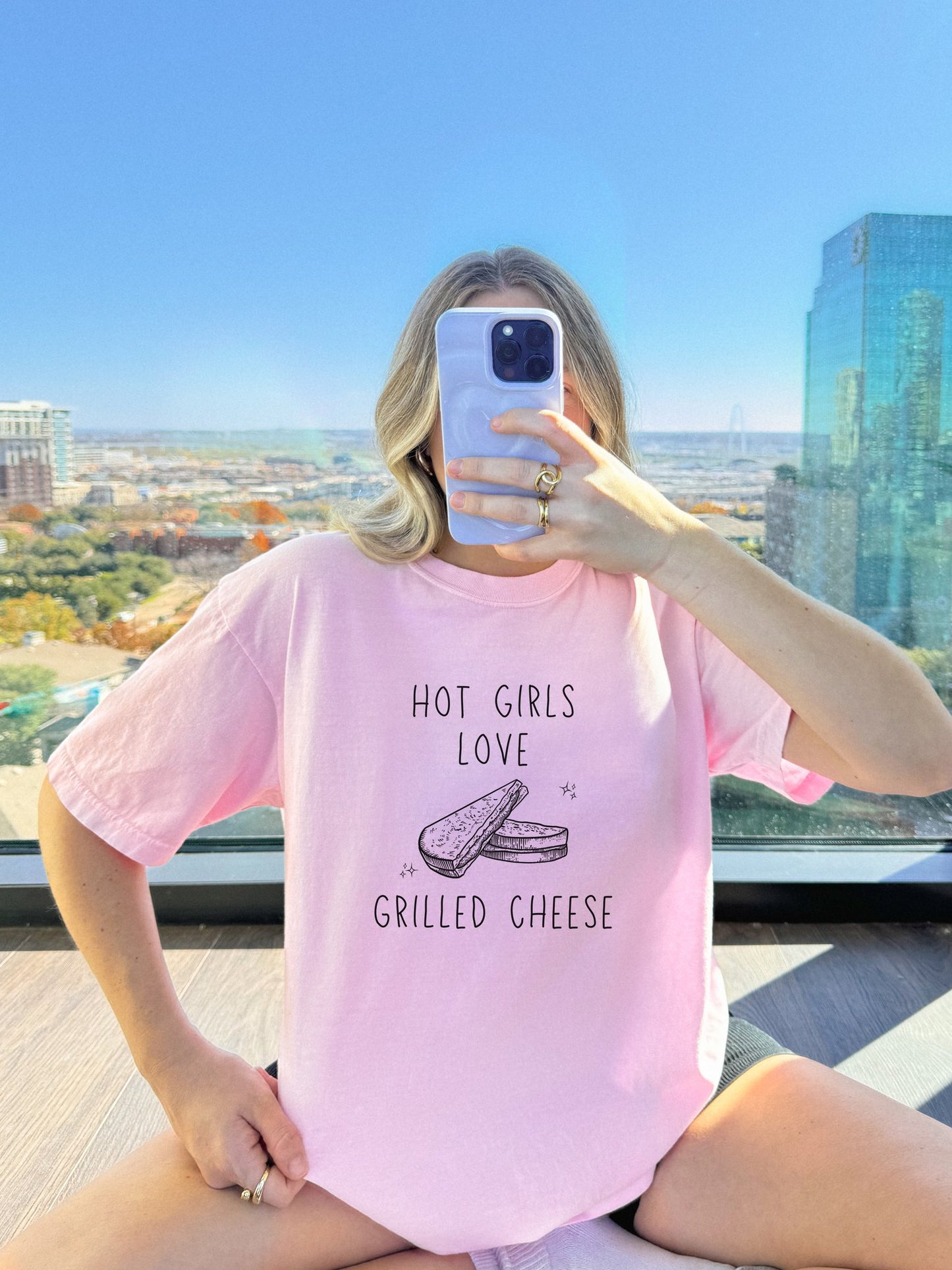 T-shirt with hand-drawn grilled cheese sandwich illustration and text reading Hot Girls Love Grilled Cheese