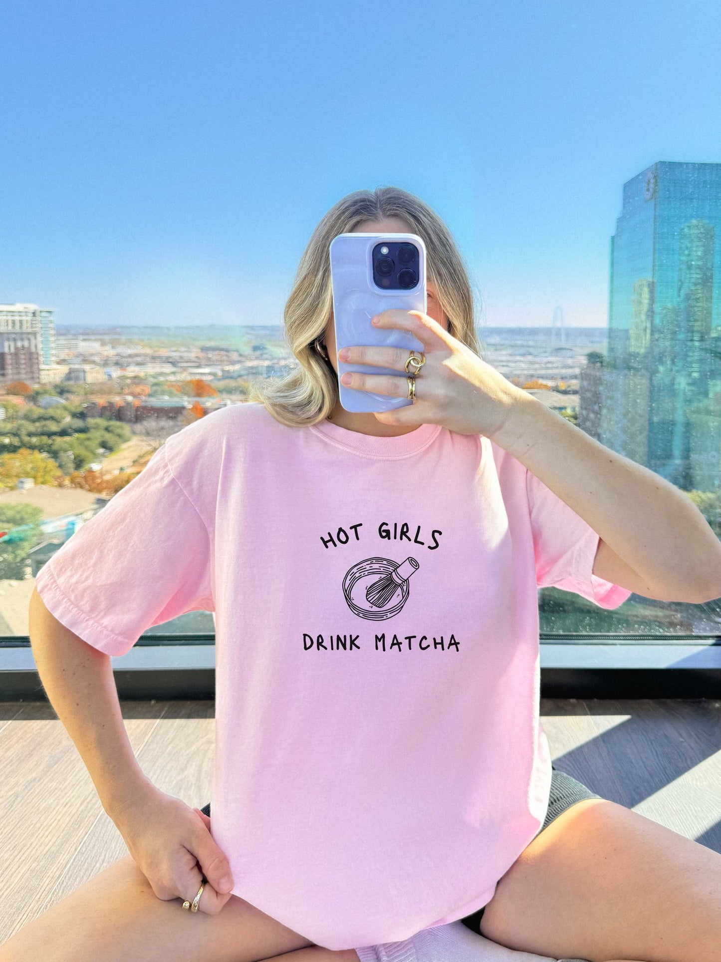T-shirt with 'Hot Girls Drink Matcha' text and hand-drawn matcha bowl with whisk illustration