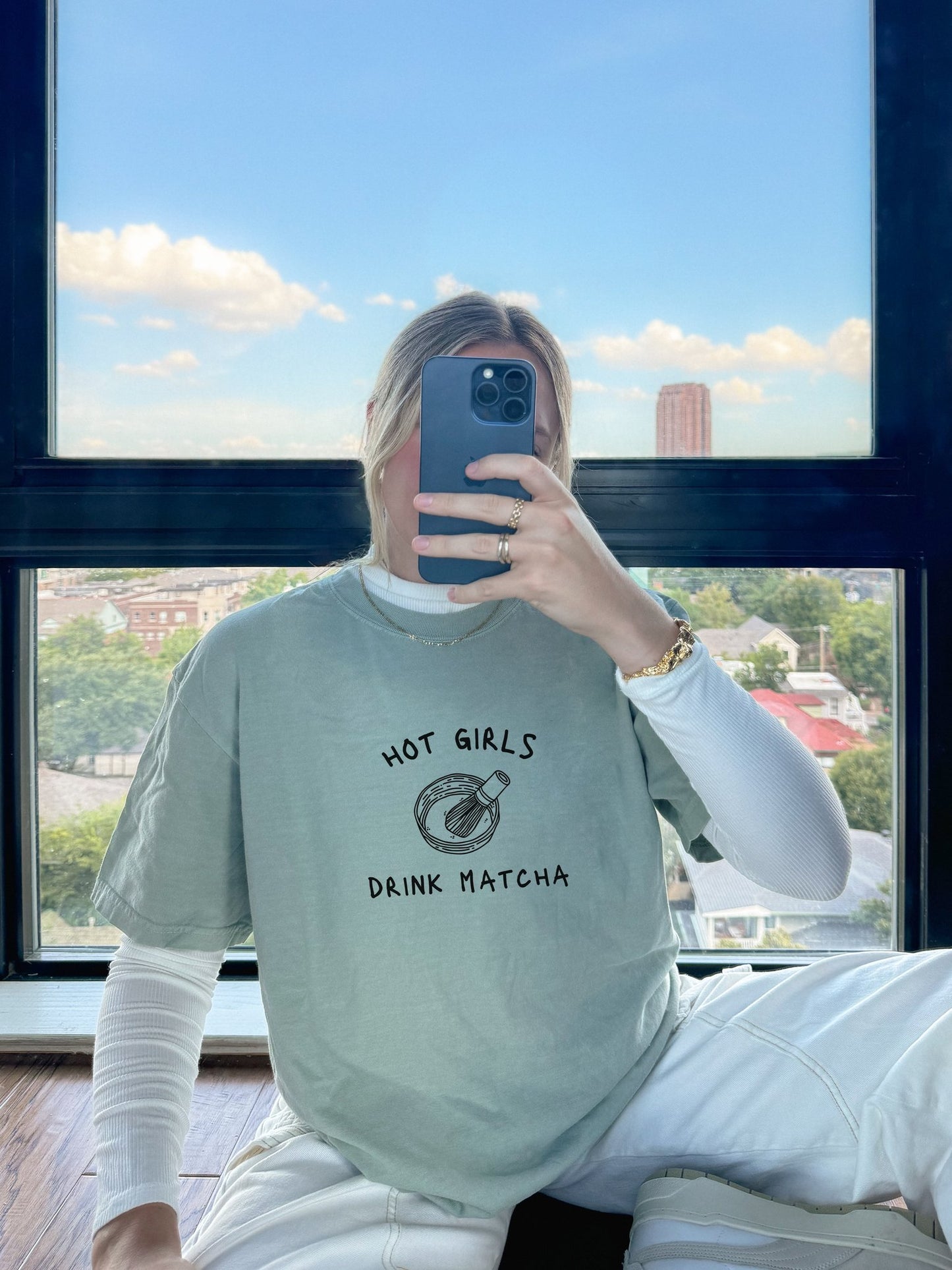 T-shirt with 'Hot Girls Drink Matcha' text and hand-drawn matcha bowl with whisk illustration