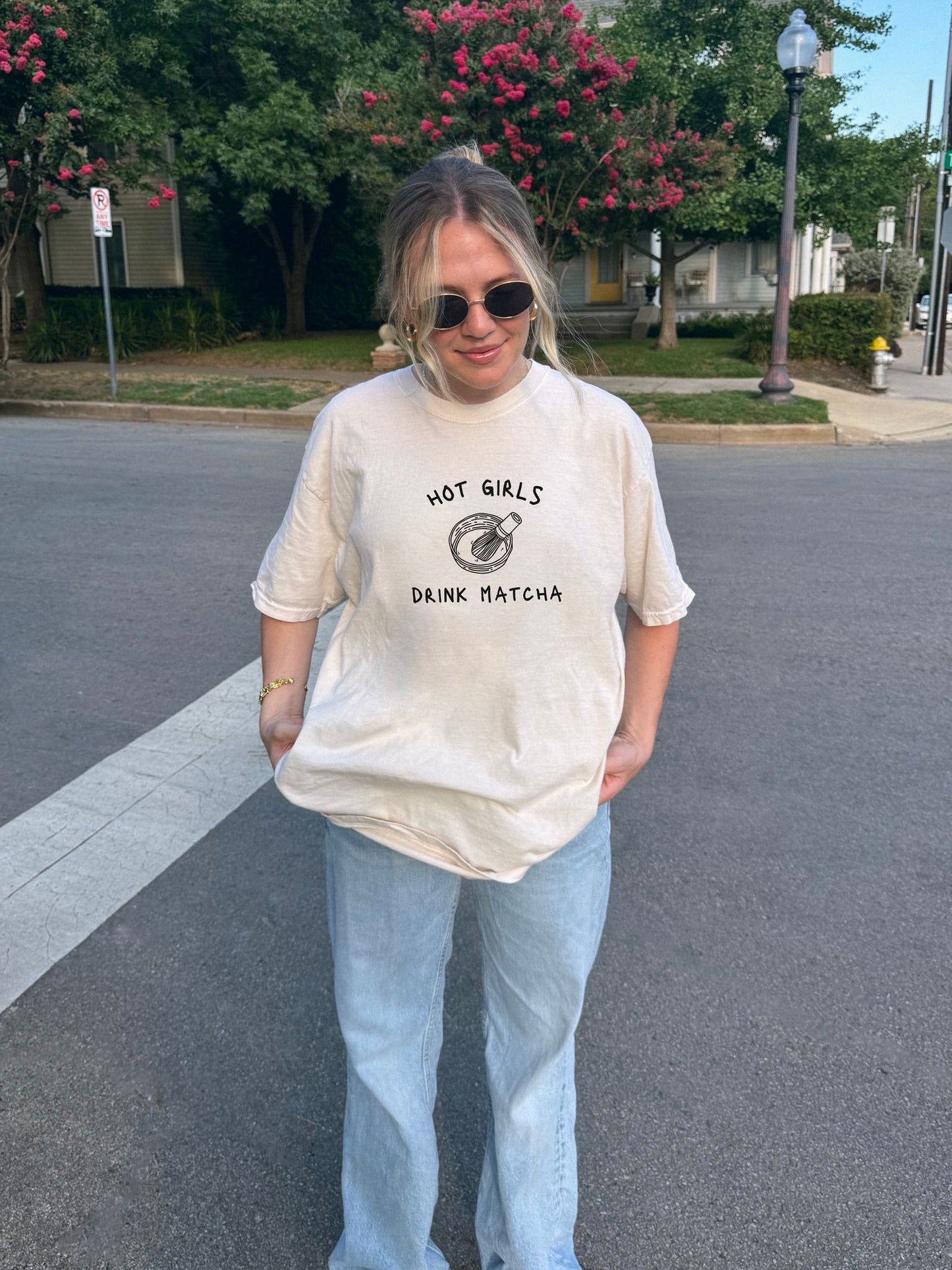 T-shirt with 'Hot Girls Drink Matcha' text and hand-drawn matcha bowl with whisk illustration