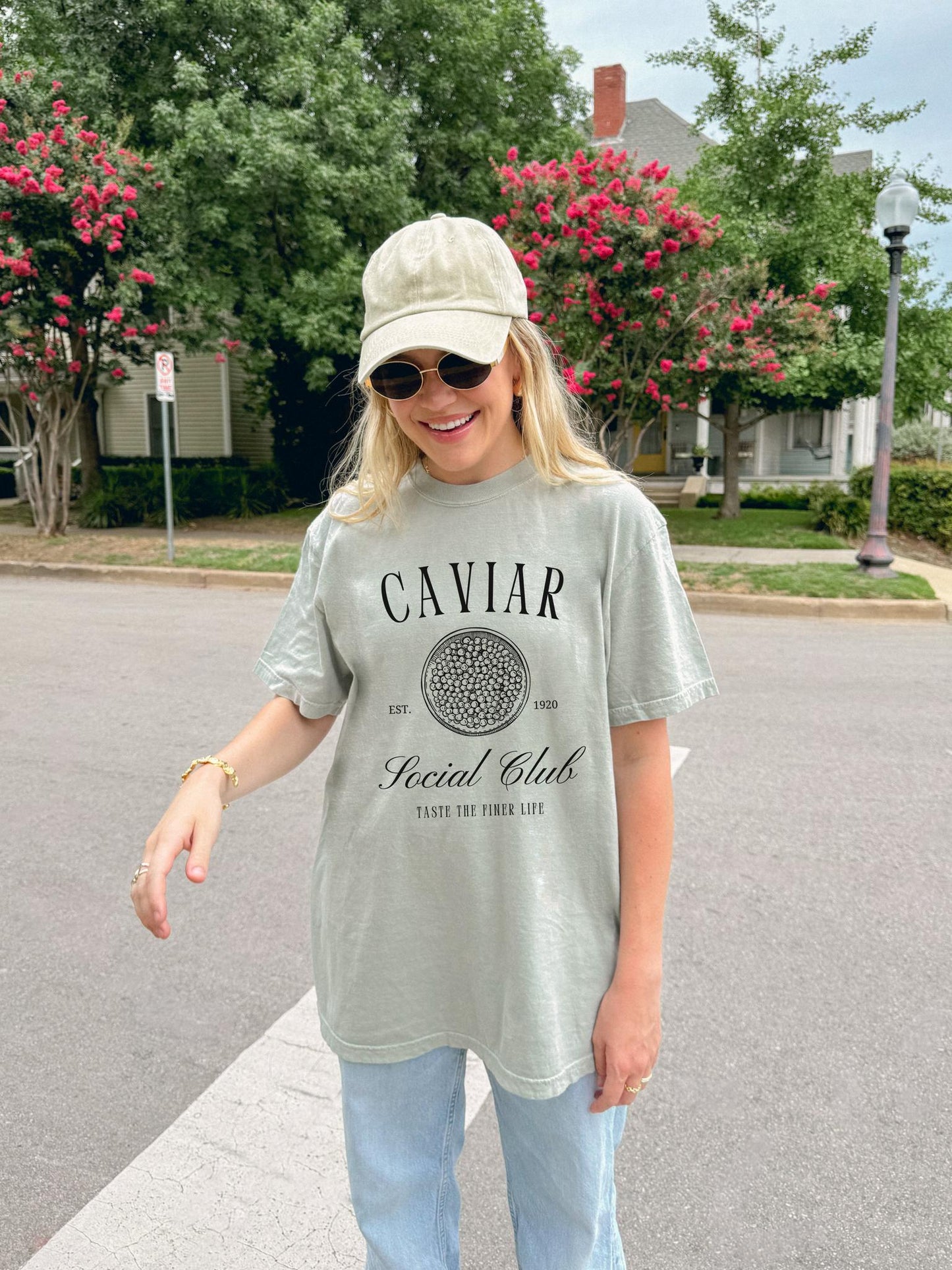 T-shirt with vintage caviar social club logo featuring caviar tin graphic and elegant typography