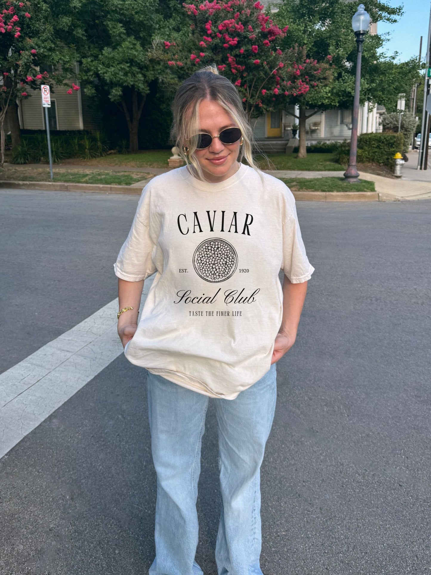 T-shirt with vintage caviar social club logo featuring caviar tin graphic and elegant typography