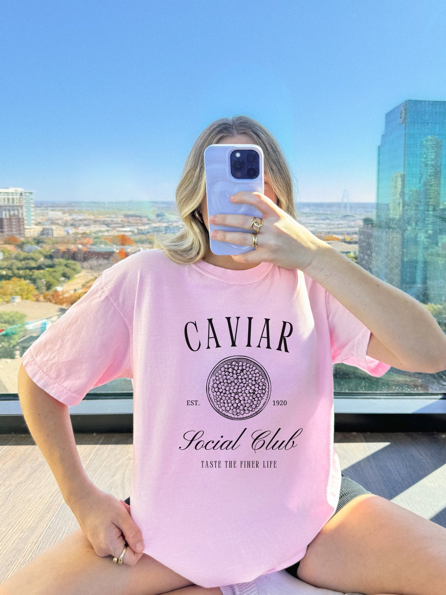 T-shirt with vintage caviar social club logo featuring caviar tin graphic and elegant typography
