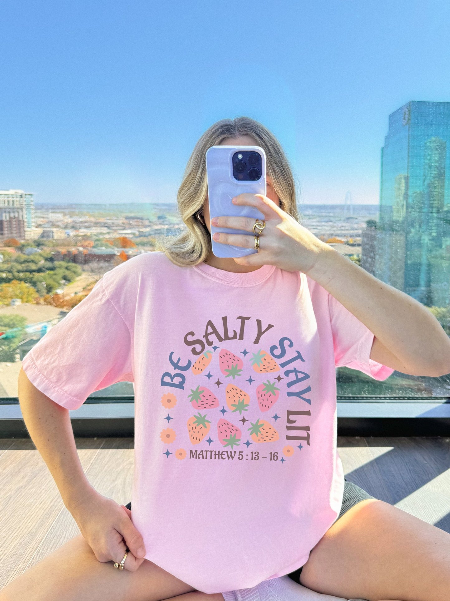 Be Salty t-shirt design with pink and orange strawberries, flowers, and Matthew 5:13-16 scripture