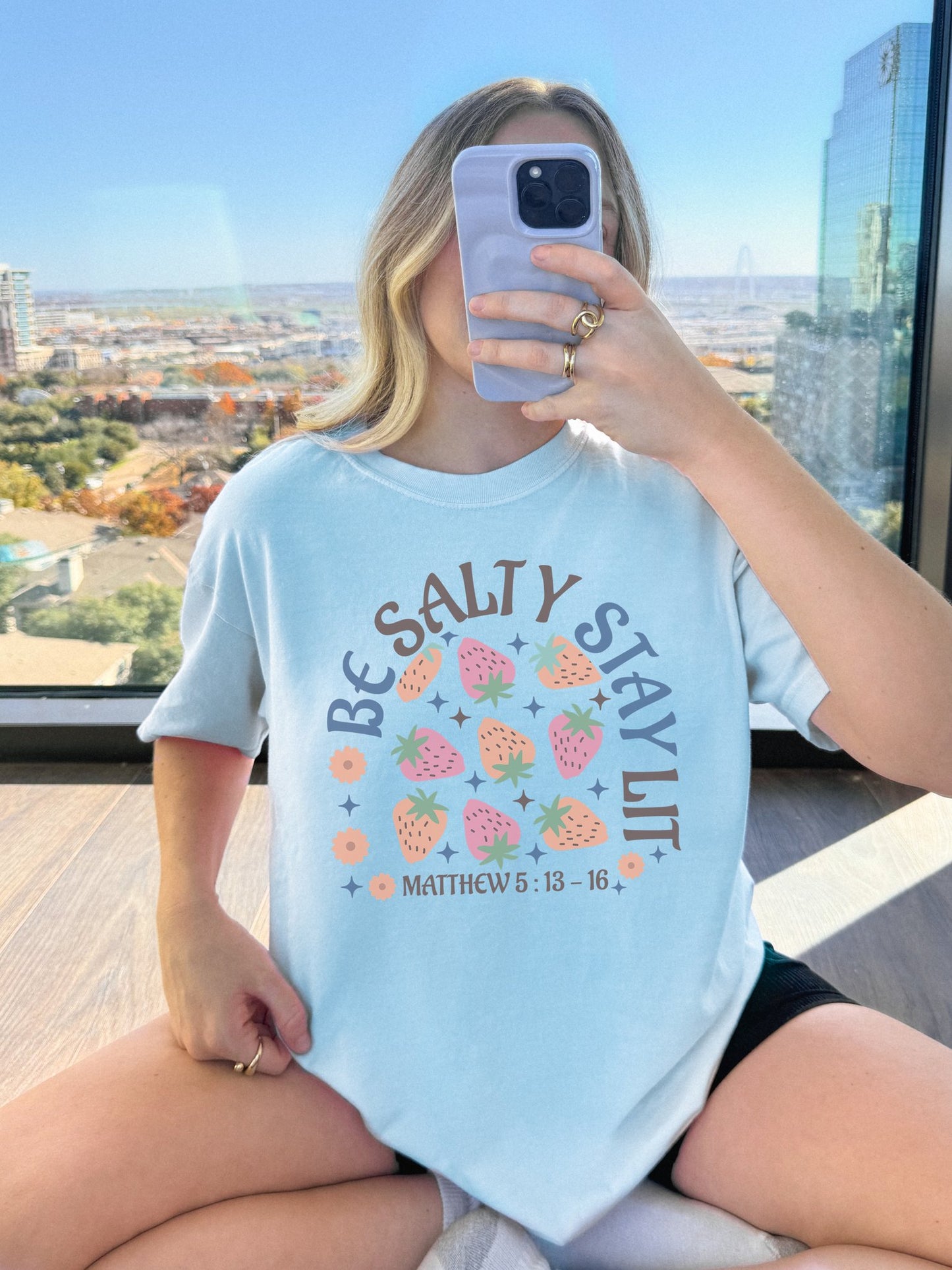 Be Salty t-shirt design with pink and orange strawberries, flowers, and Matthew 5:13-16 scripture