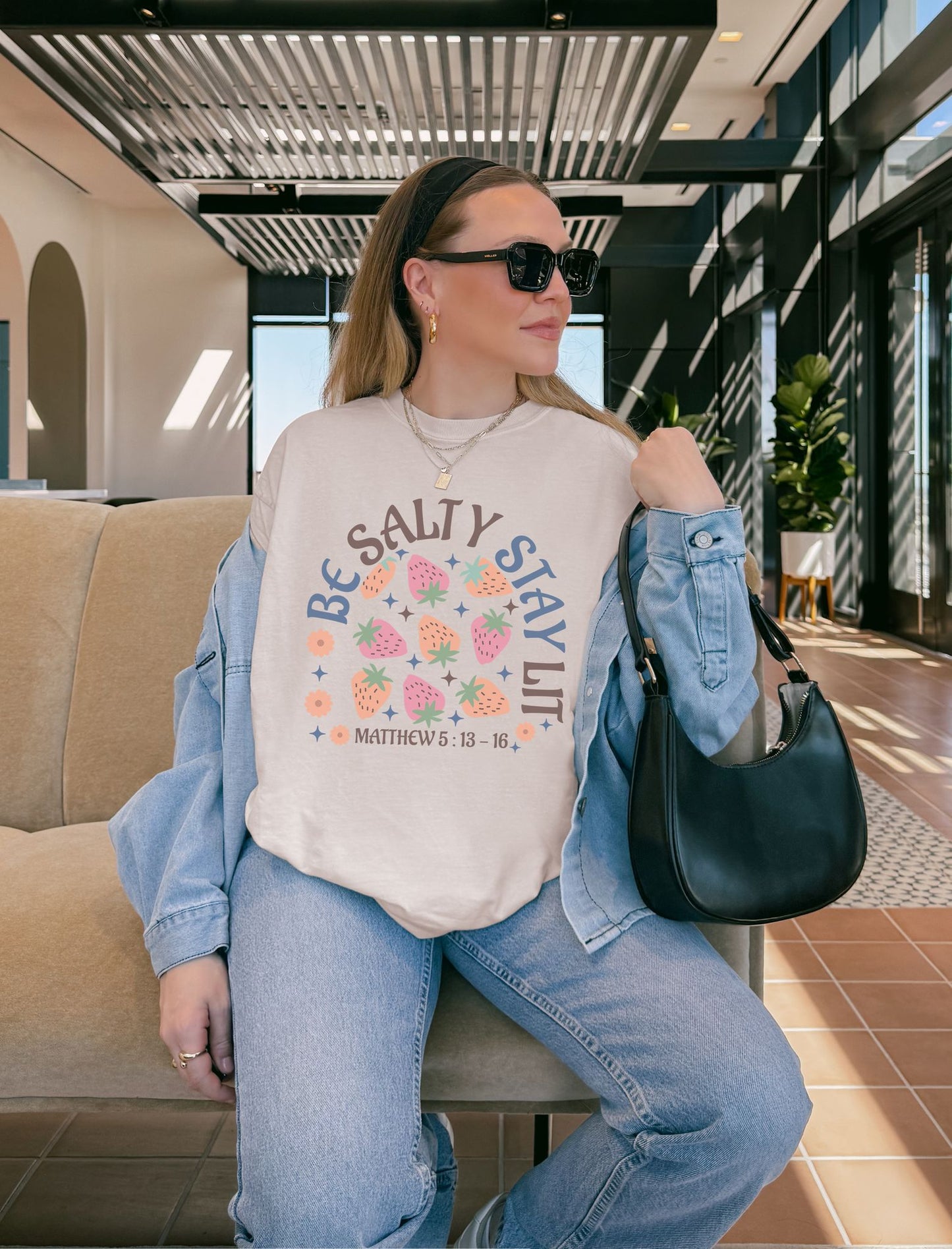 Be Salty t-shirt design with pink and orange strawberries, flowers, and Matthew 5:13-16 scripture